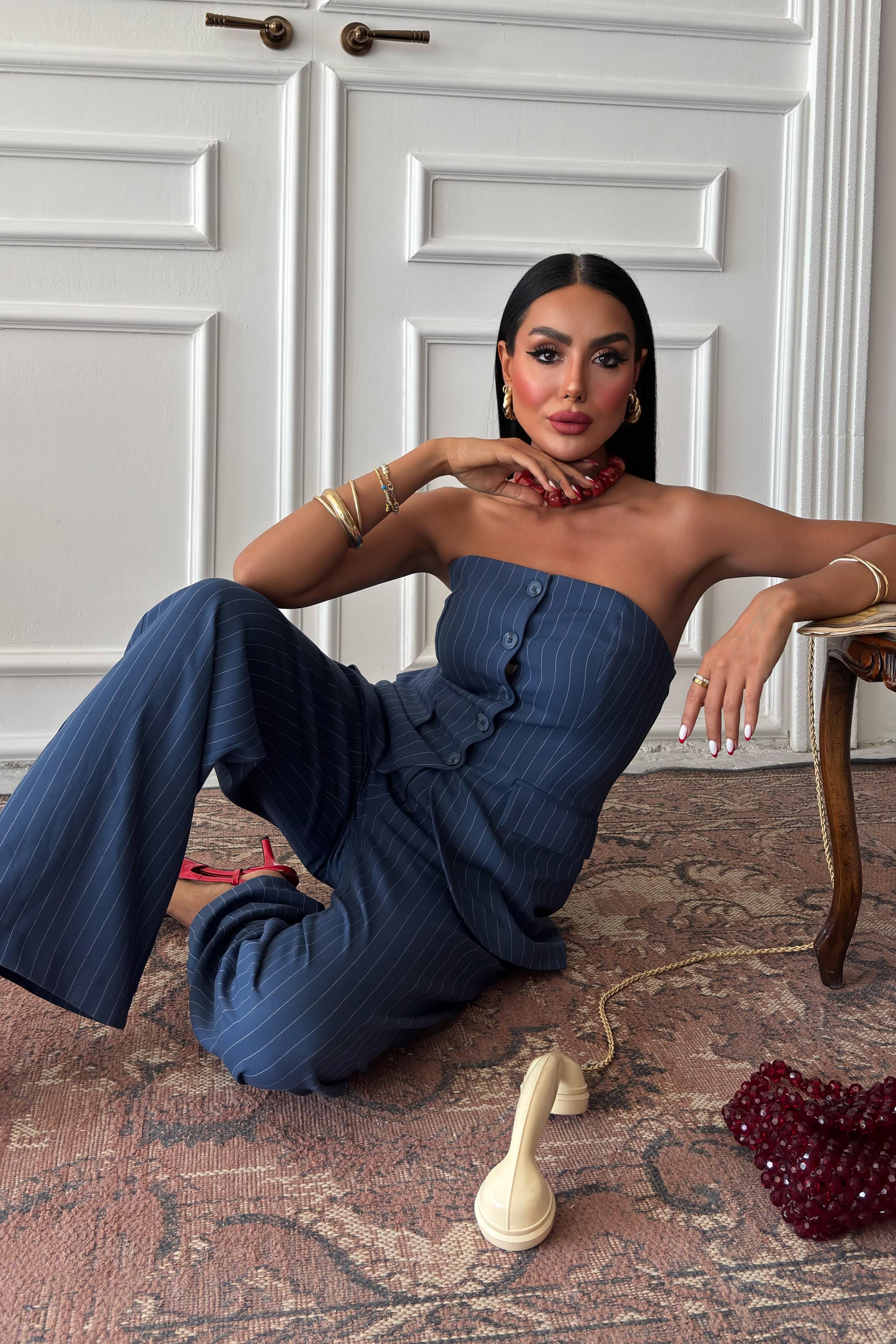 Straplez Büstiyerli Plazzo Pantolonlu Çizgili Takım 10151