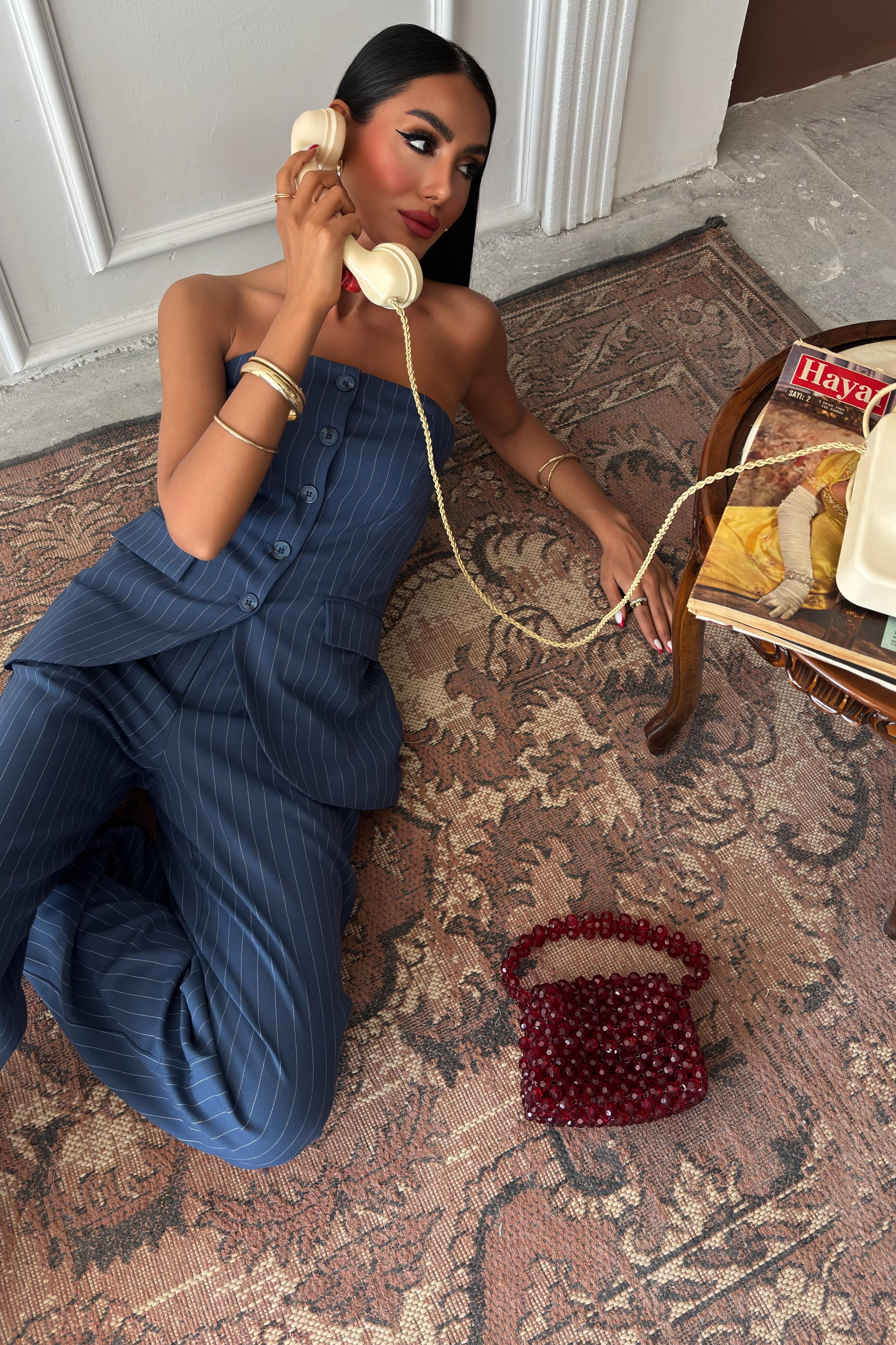 Straplez Büstiyerli Plazzo Pantolonlu Çizgili Takım 10151