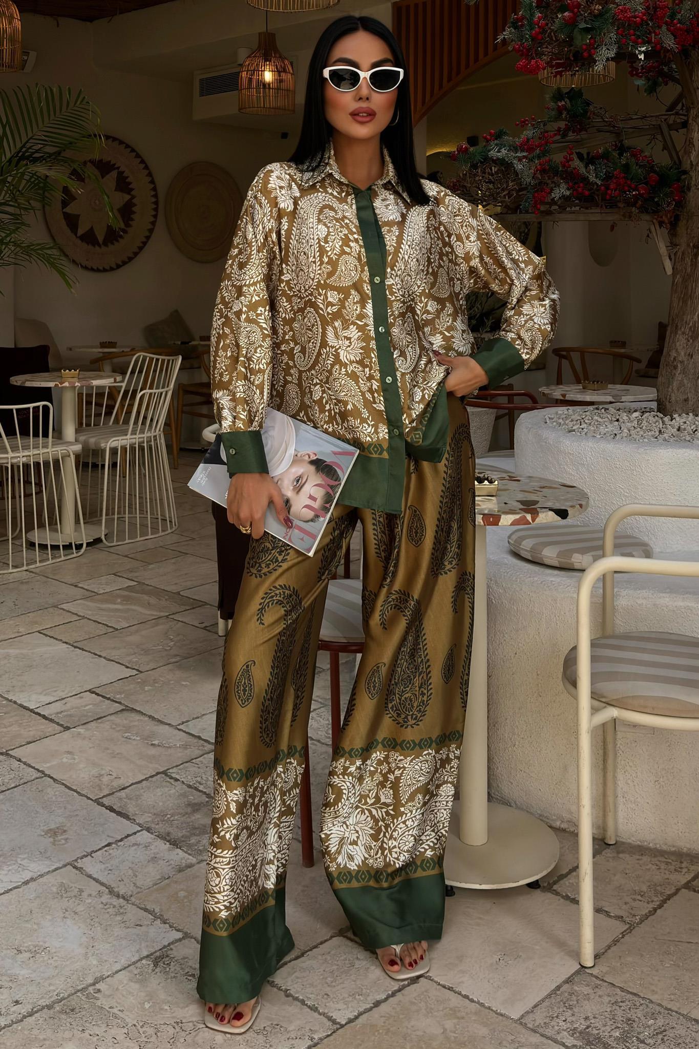 Su Yolu Detay Palazzo Pantolonlu Saten Takım 10046