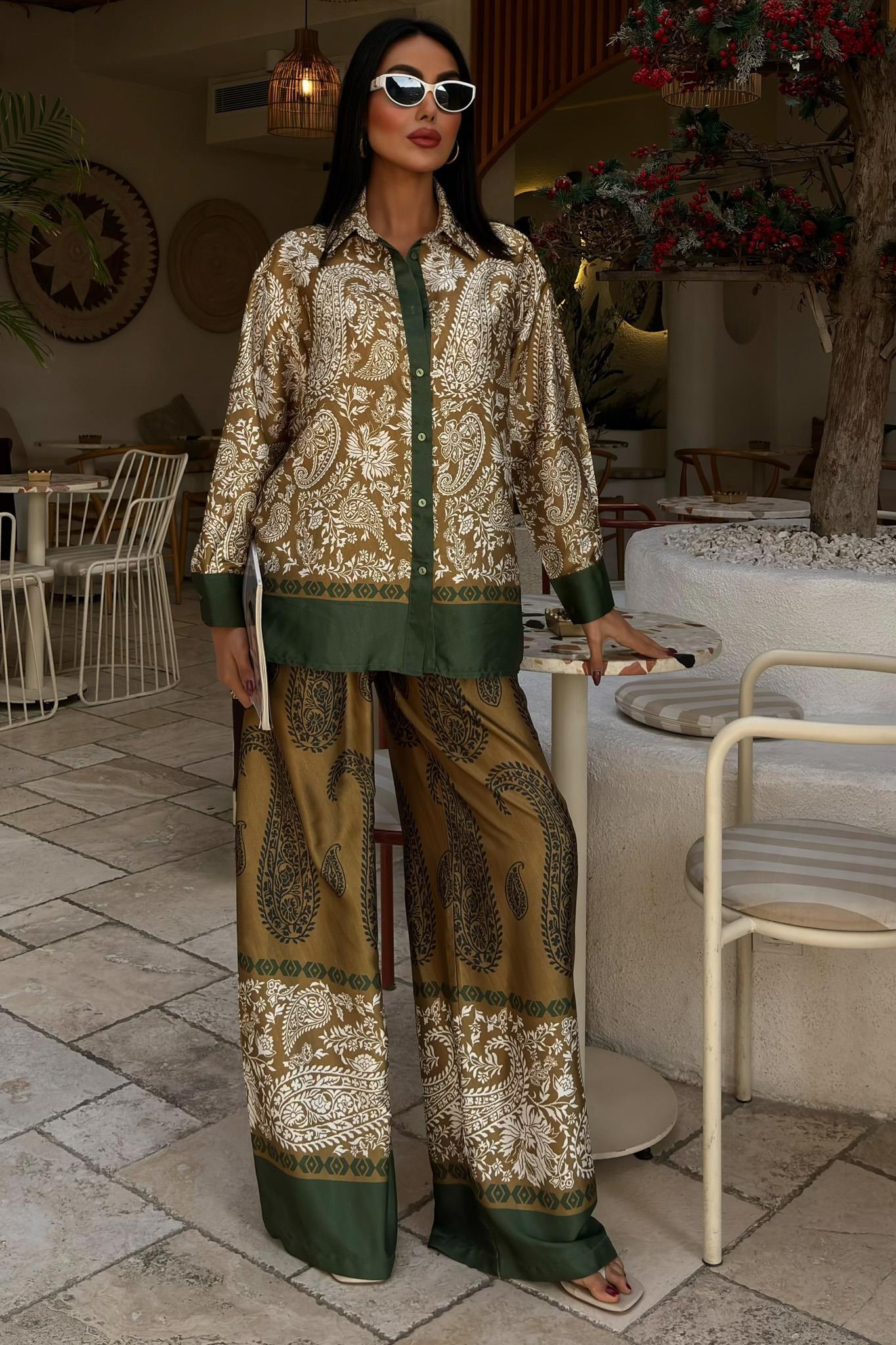 Su Yolu Detay Palazzo Pantolonlu Saten Takım 10046