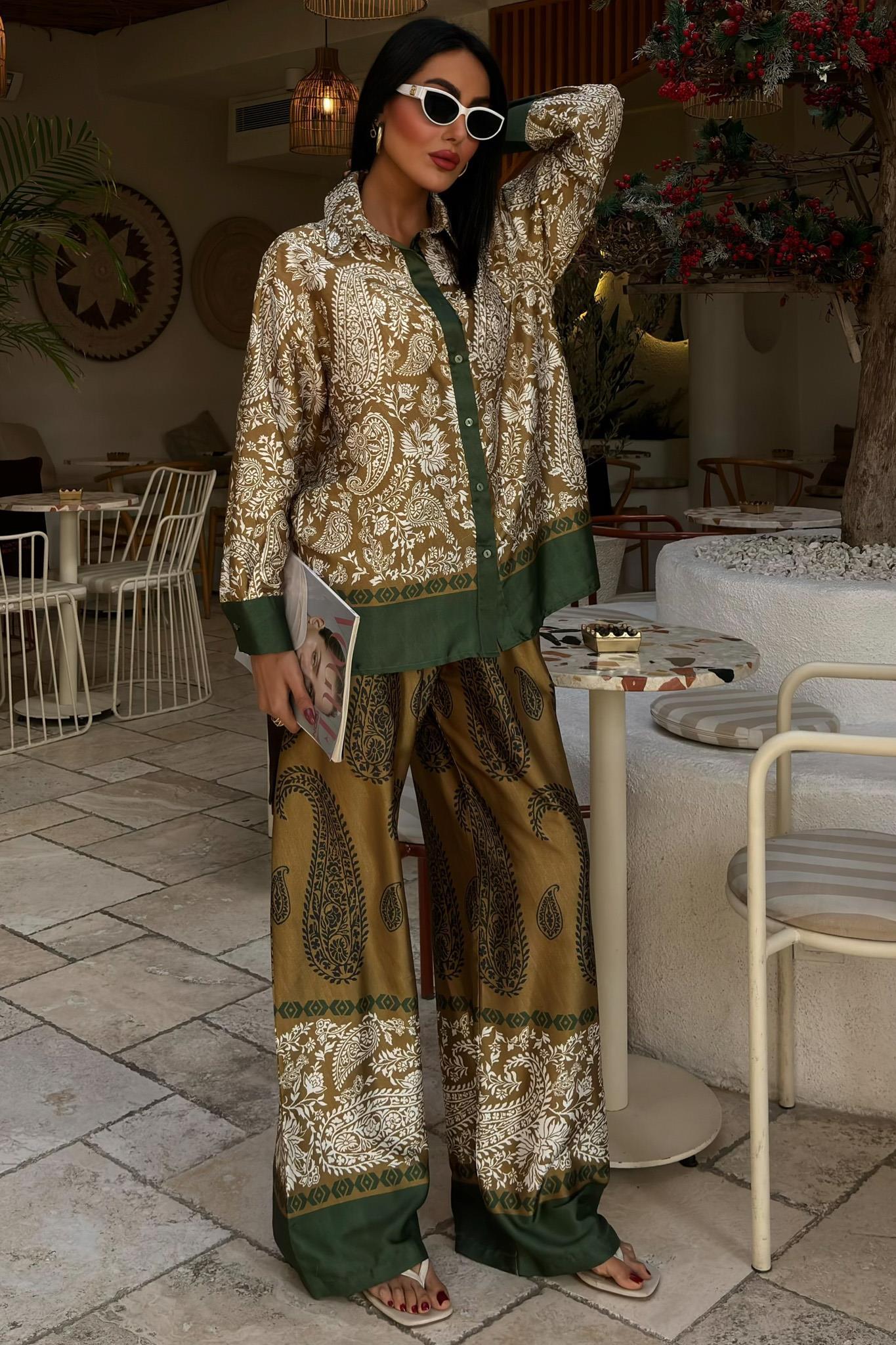 Su Yolu Detay Palazzo Pantolonlu Saten Takım 10046