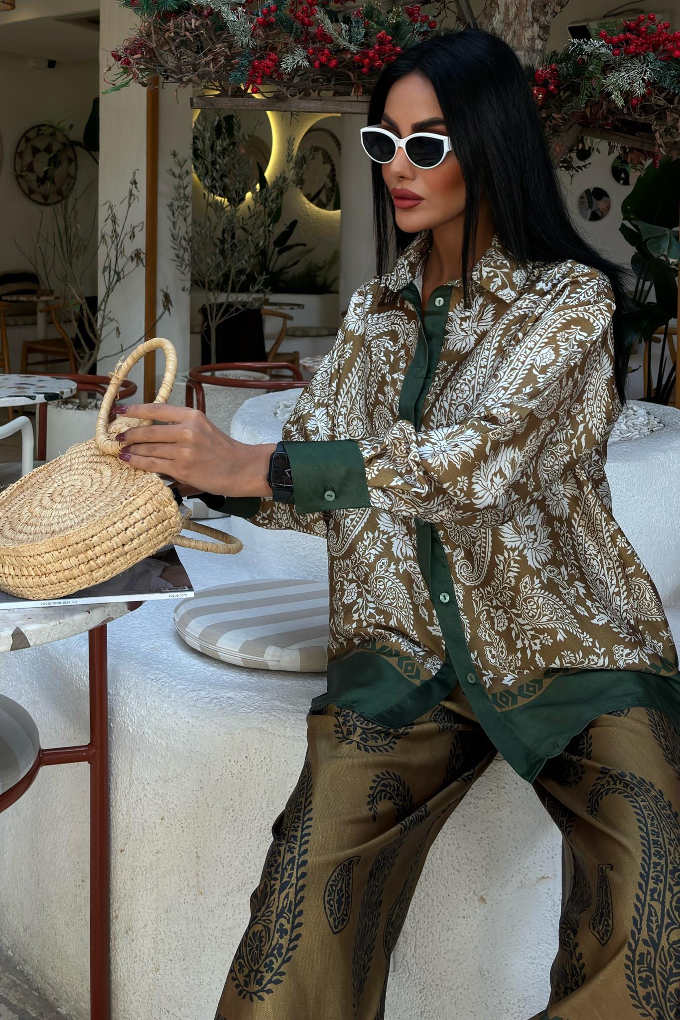 Su Yolu Detay Palazzo Pantolonlu Saten Takım 10046