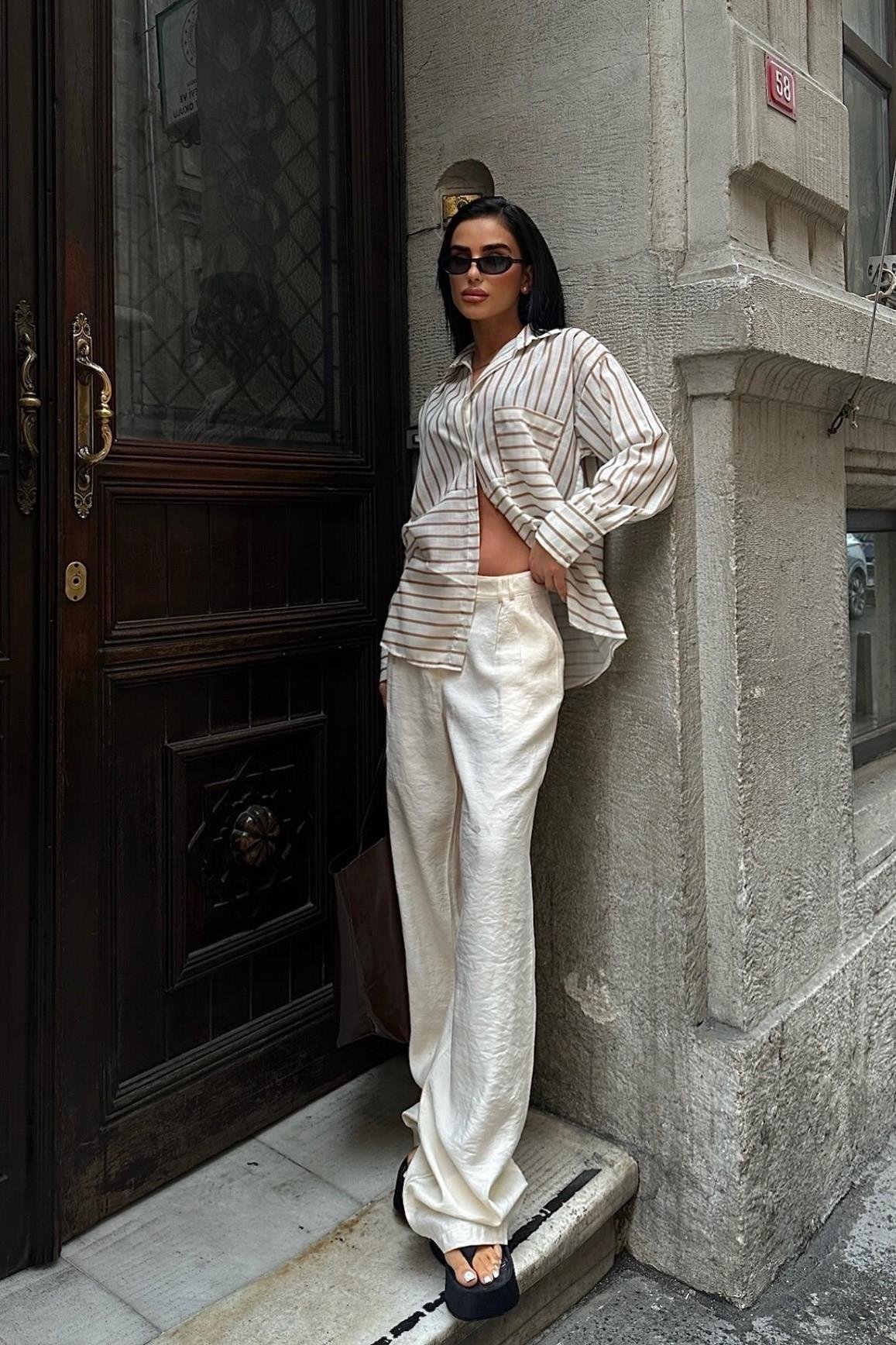 Suzy Çizgili Keten Gömlek 3377-08