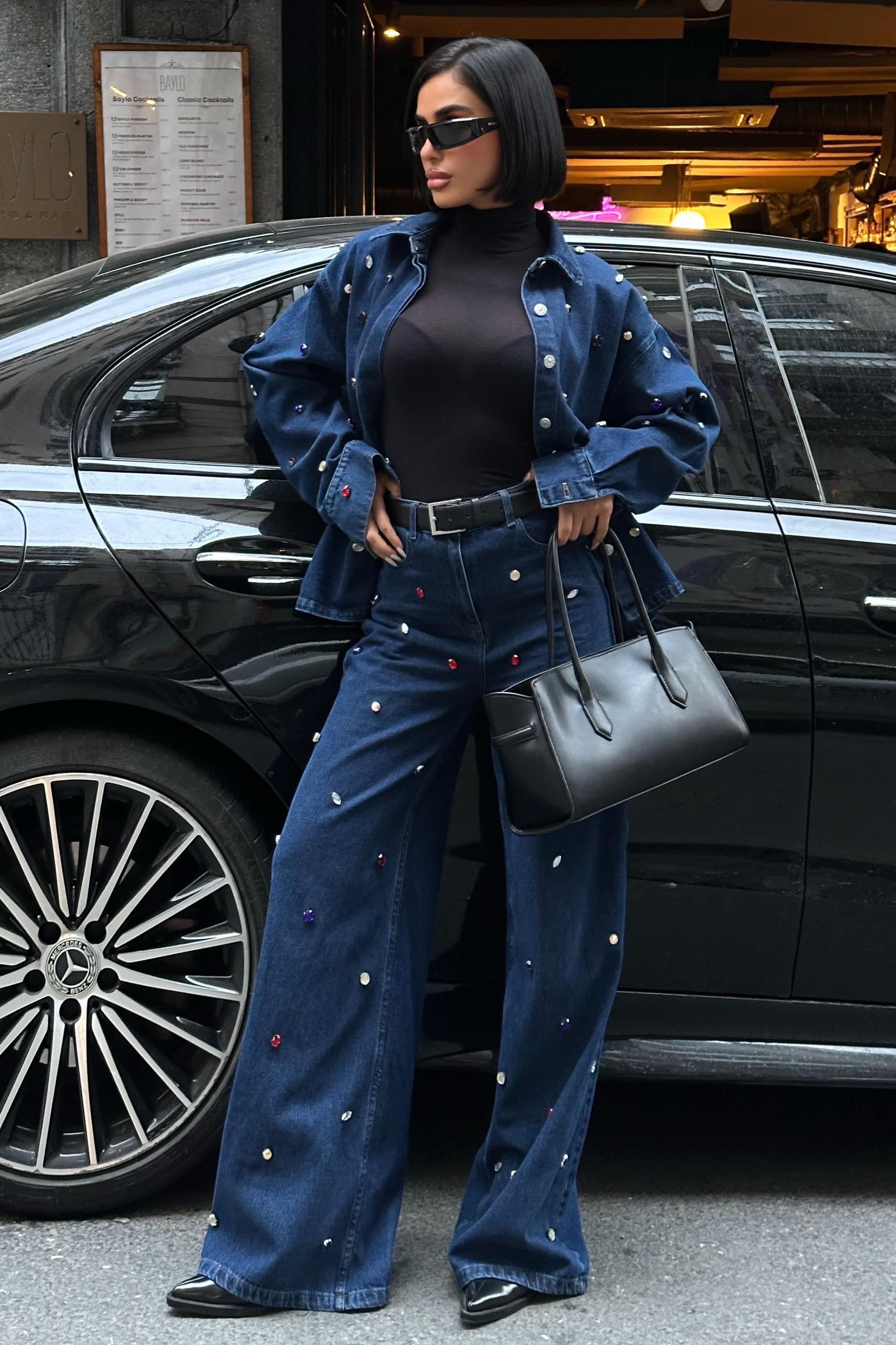 Taş Detaylı Denim Takım – Oversize Ceket 10278-08