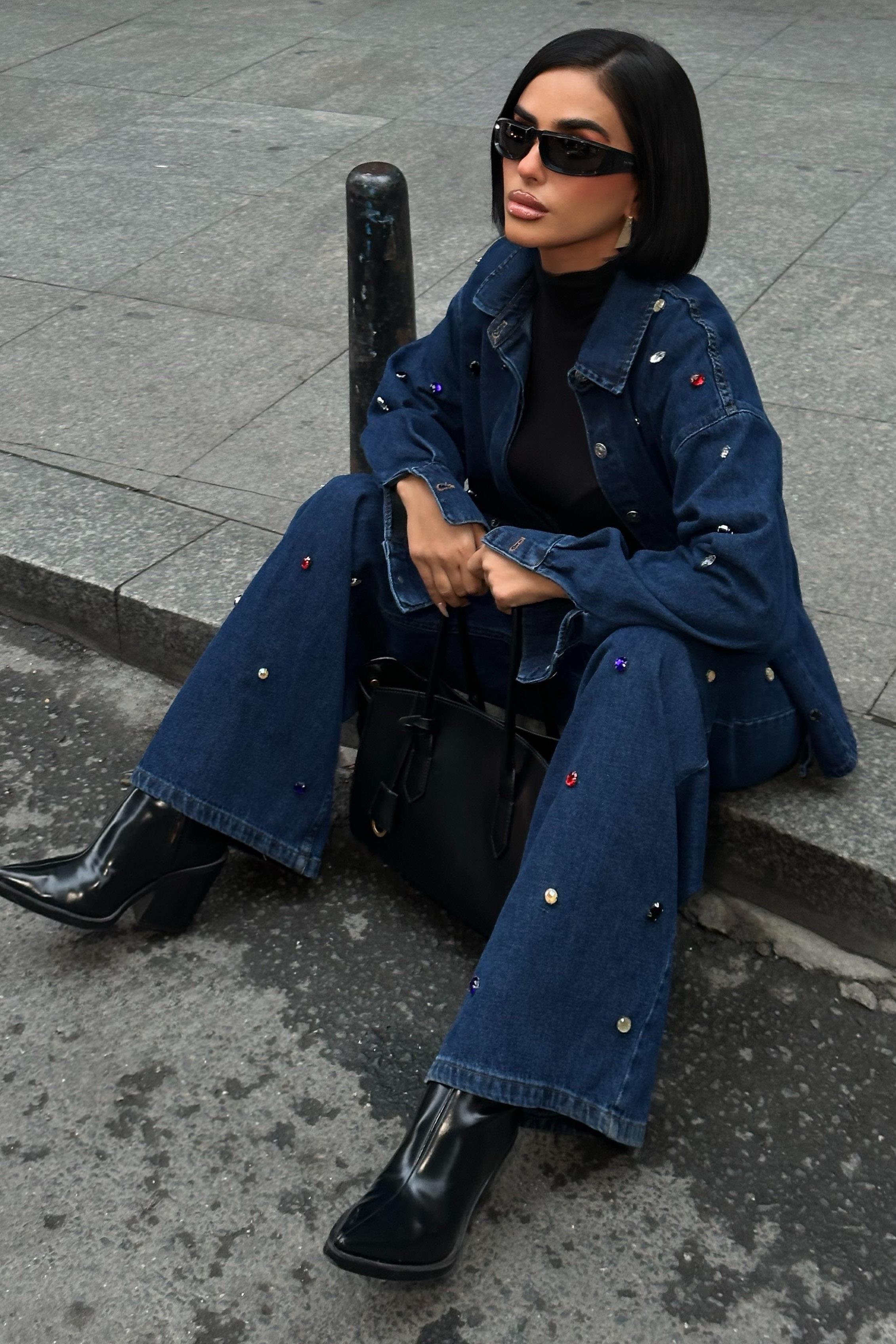 Taş Detaylı Denim Takım – Oversize Ceket 10278-08