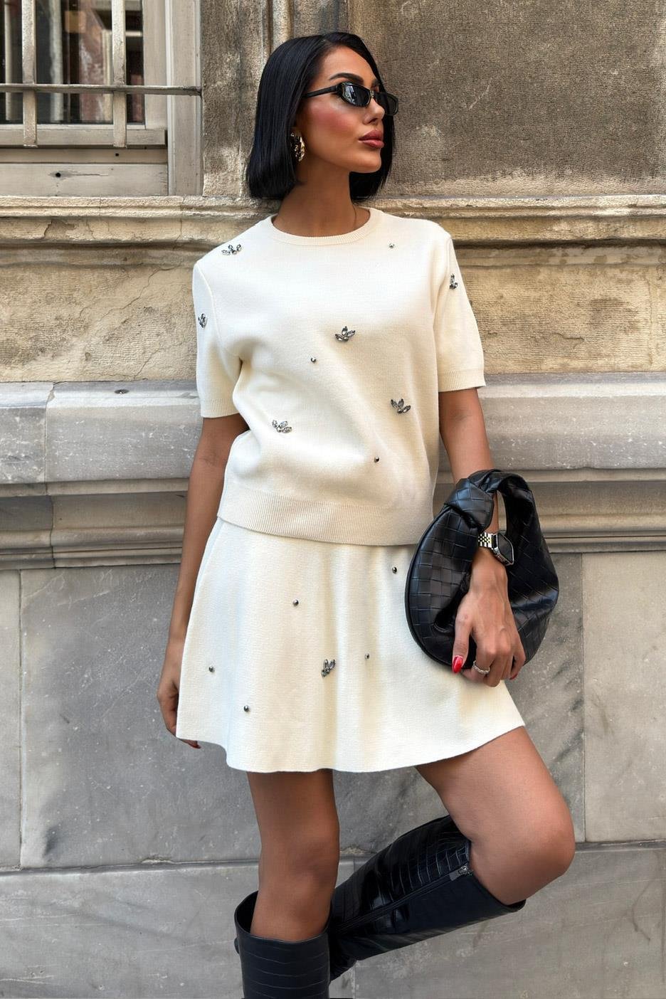 Taş İşlemeli Etekli Triko Takım 10220 R1-E-K1