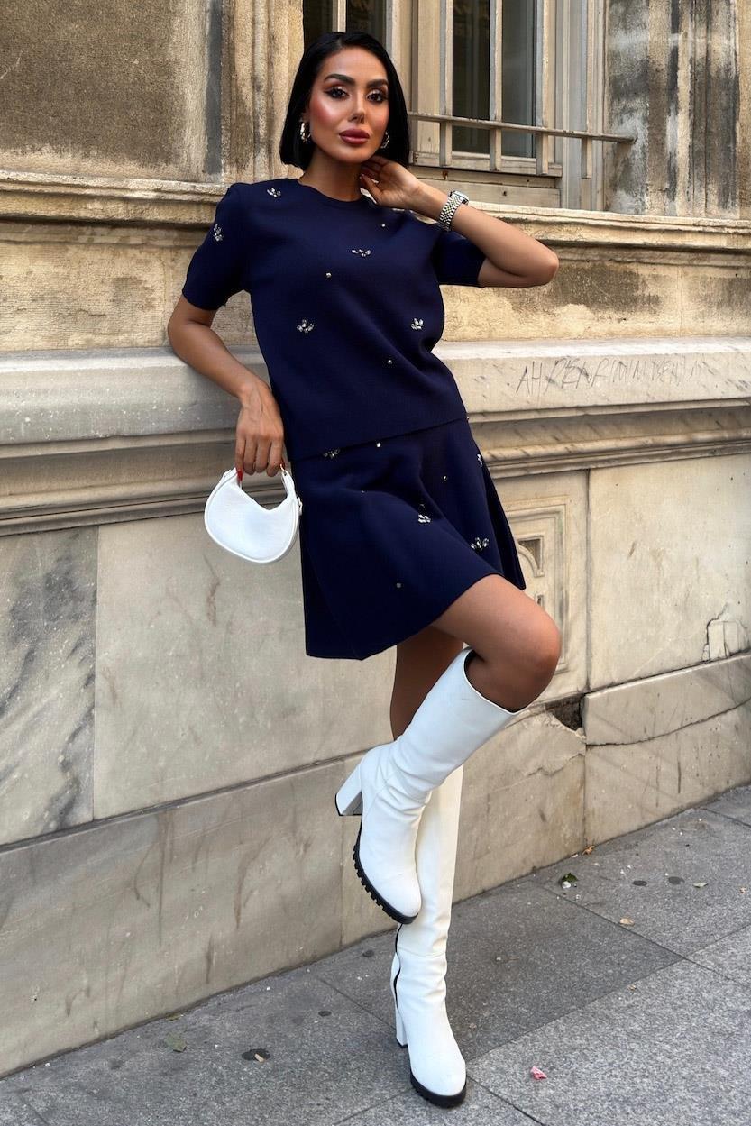 Taş İşlemeli Etekli Triko Takım 10220 R1-E-K1