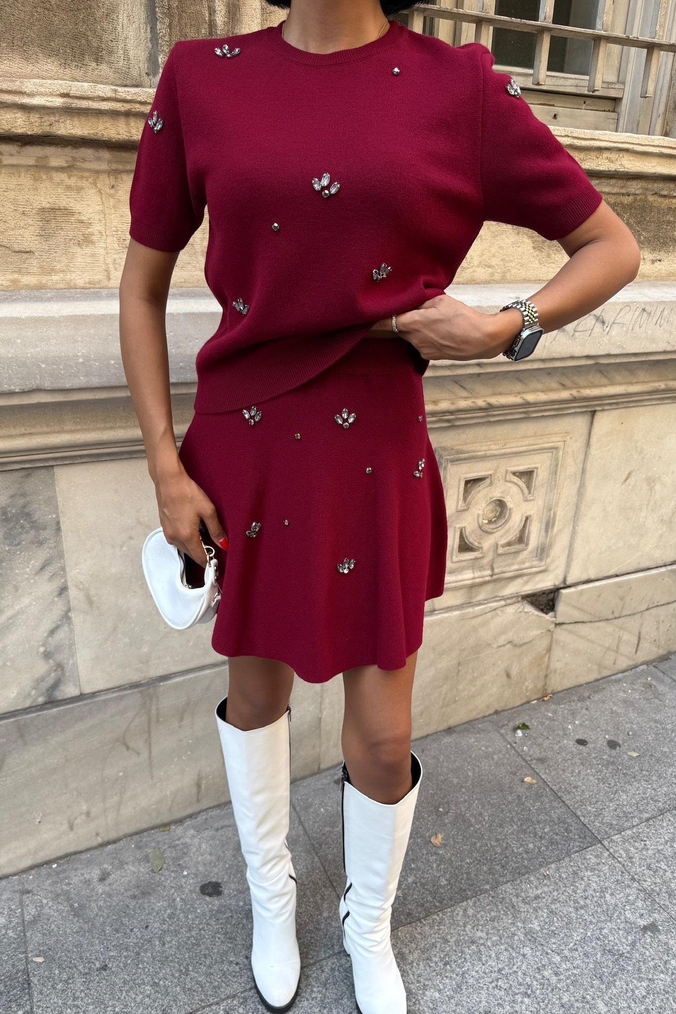 Taş İşlemeli Etekli Triko Takım 10220 R1-E-K1