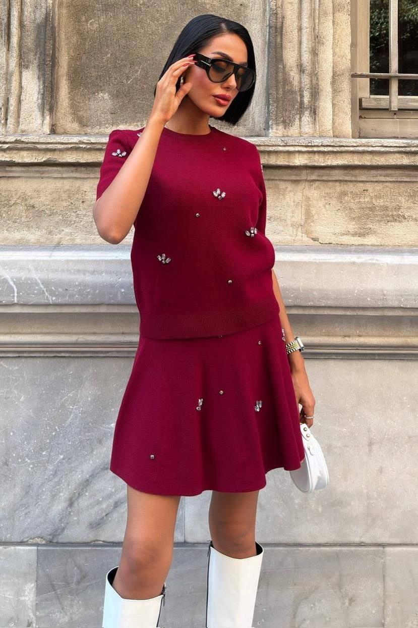 Taş İşlemeli Etekli Triko Takım 10220 R1-E-K1