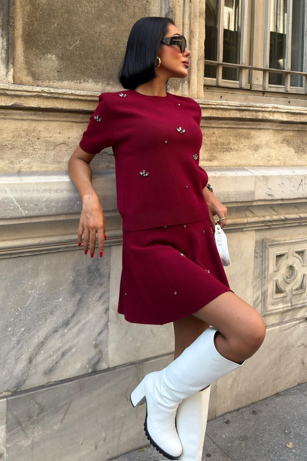 Taş İşlemeli Etekli Triko Takım 10220 R1-E-K1