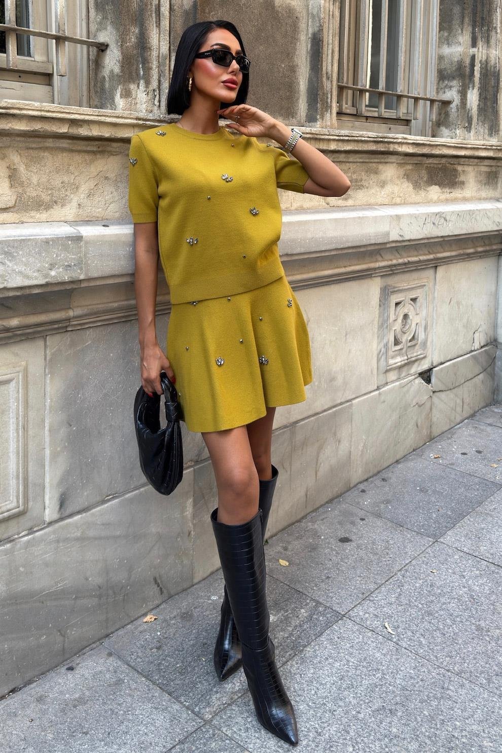 Taş İşlemeli Etekli Triko Takım 10220 R1-E-K1