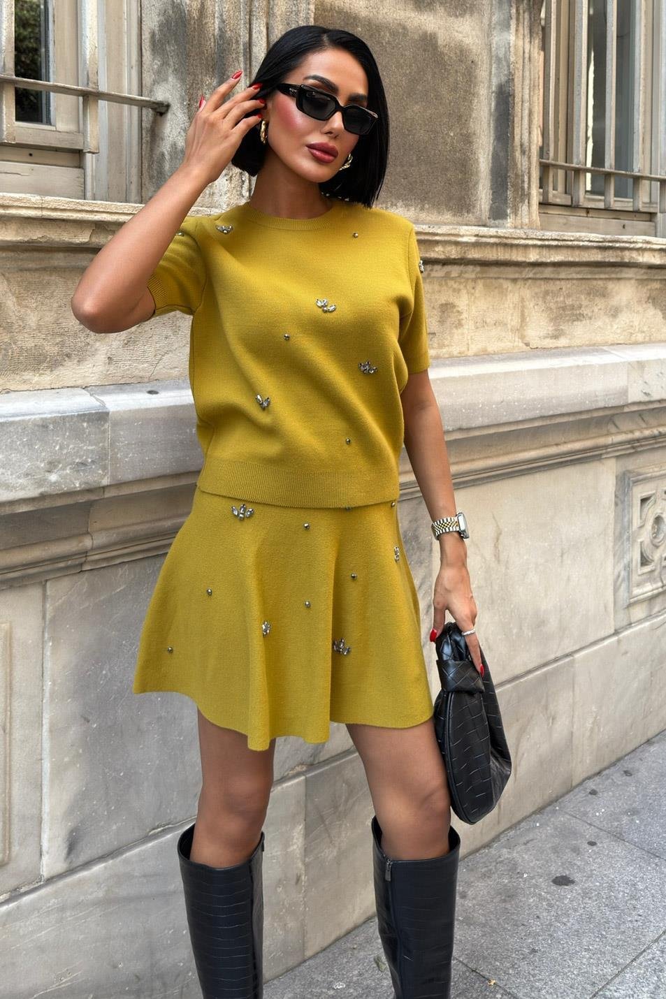 Taş İşlemeli Etekli Triko Takım 10220 R1-E-K1