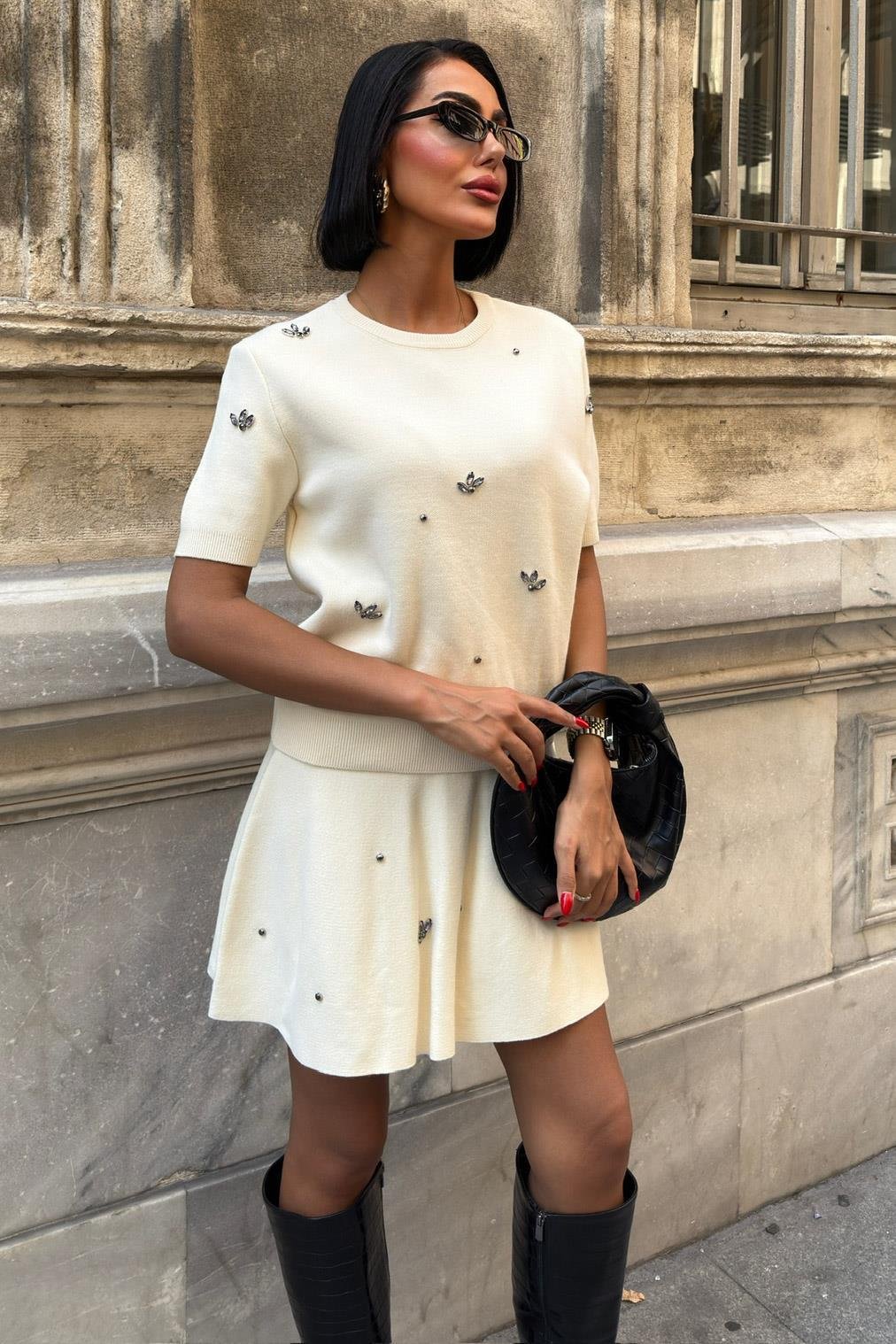 Taş İşlemeli Etekli Triko Takım 10220 R1-E-K1