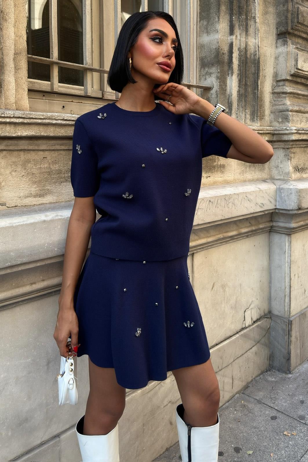 Taş İşlemeli Etekli Triko Takım 10220 R1-E-K1