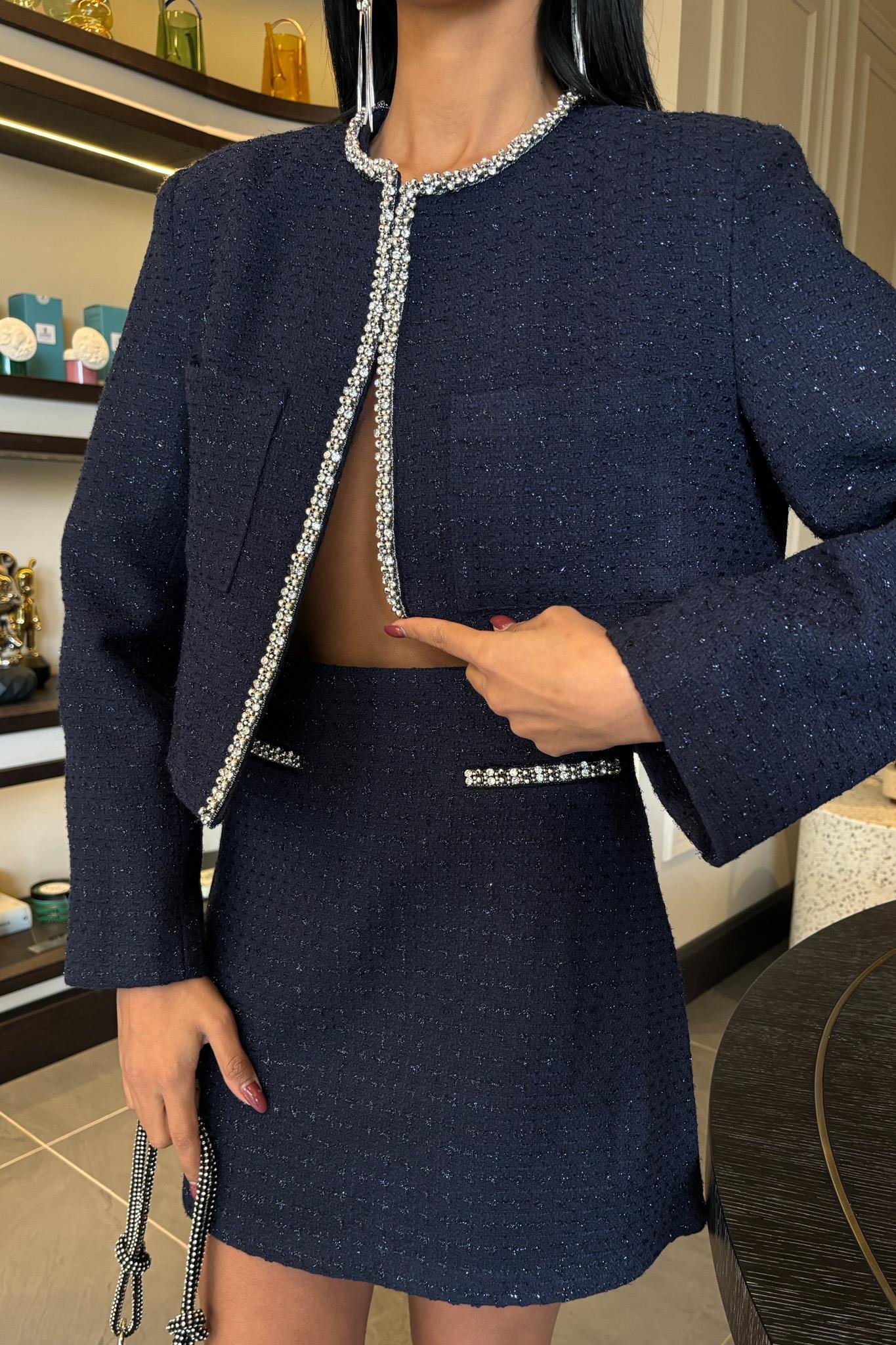 Taş Şerit Detaylı, Simli Chanel Takım 10050 R11-C-K4