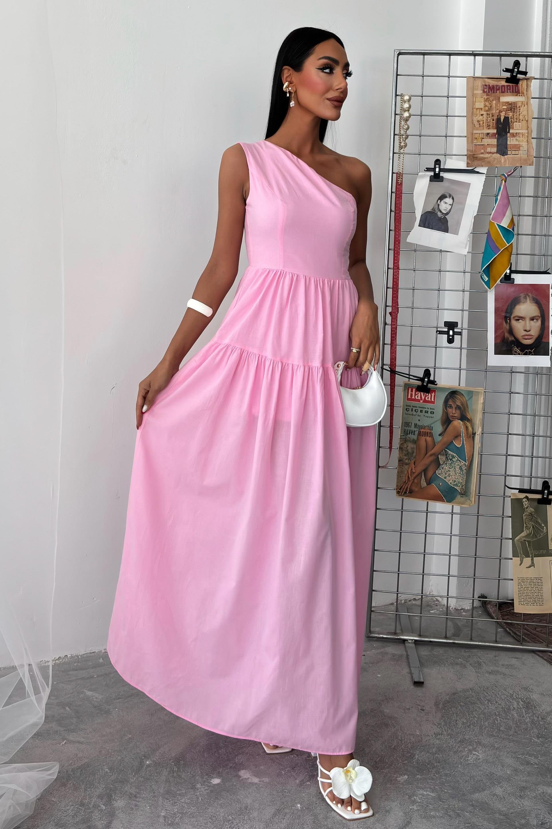 Tek Omuzlu Pile Detay Maxi Elbise 2895 R5-J-K2