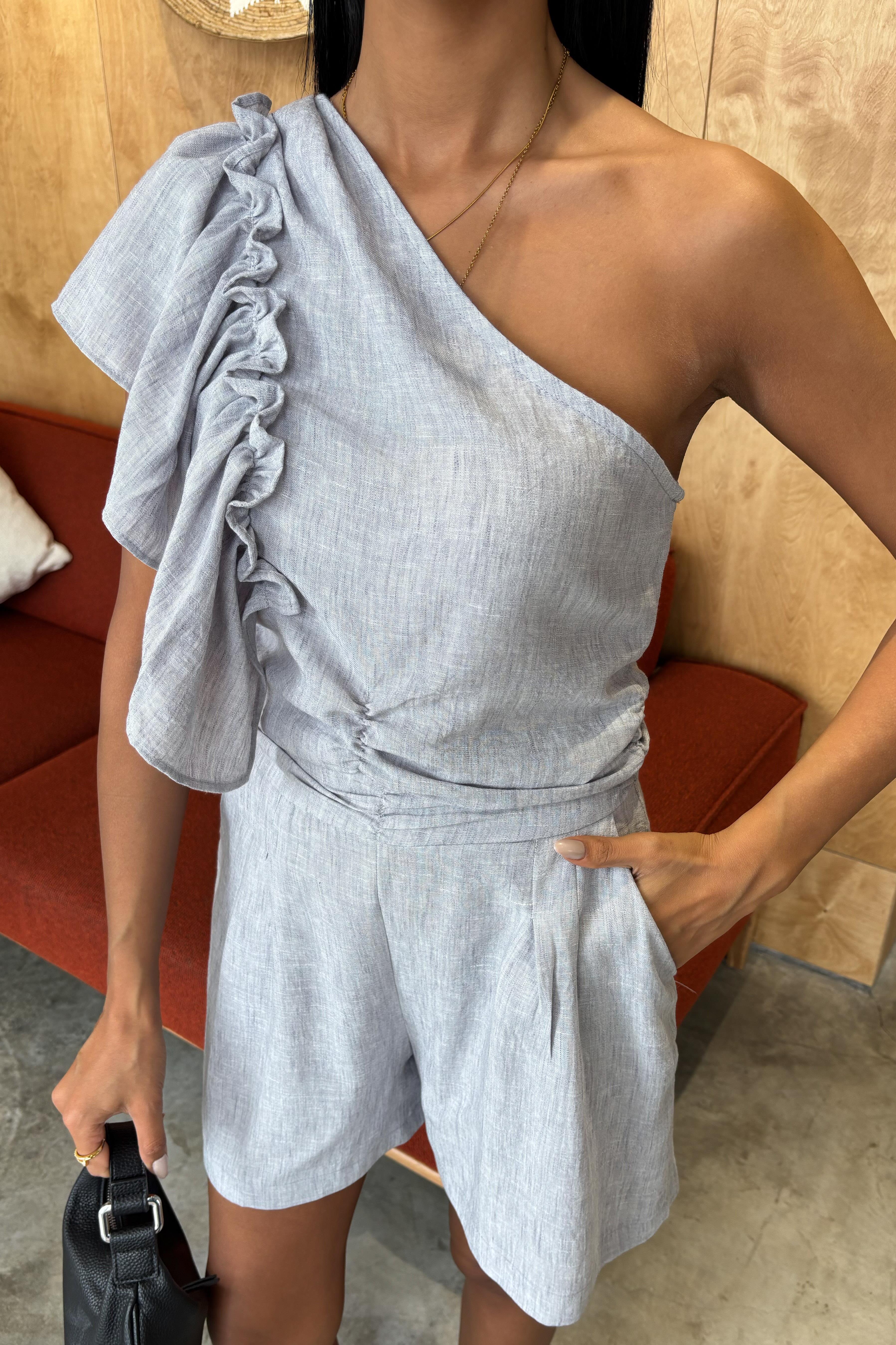 Tek Omuzlu ve Fırfır Detaylı Keten Takım 10158 R5-J-K3