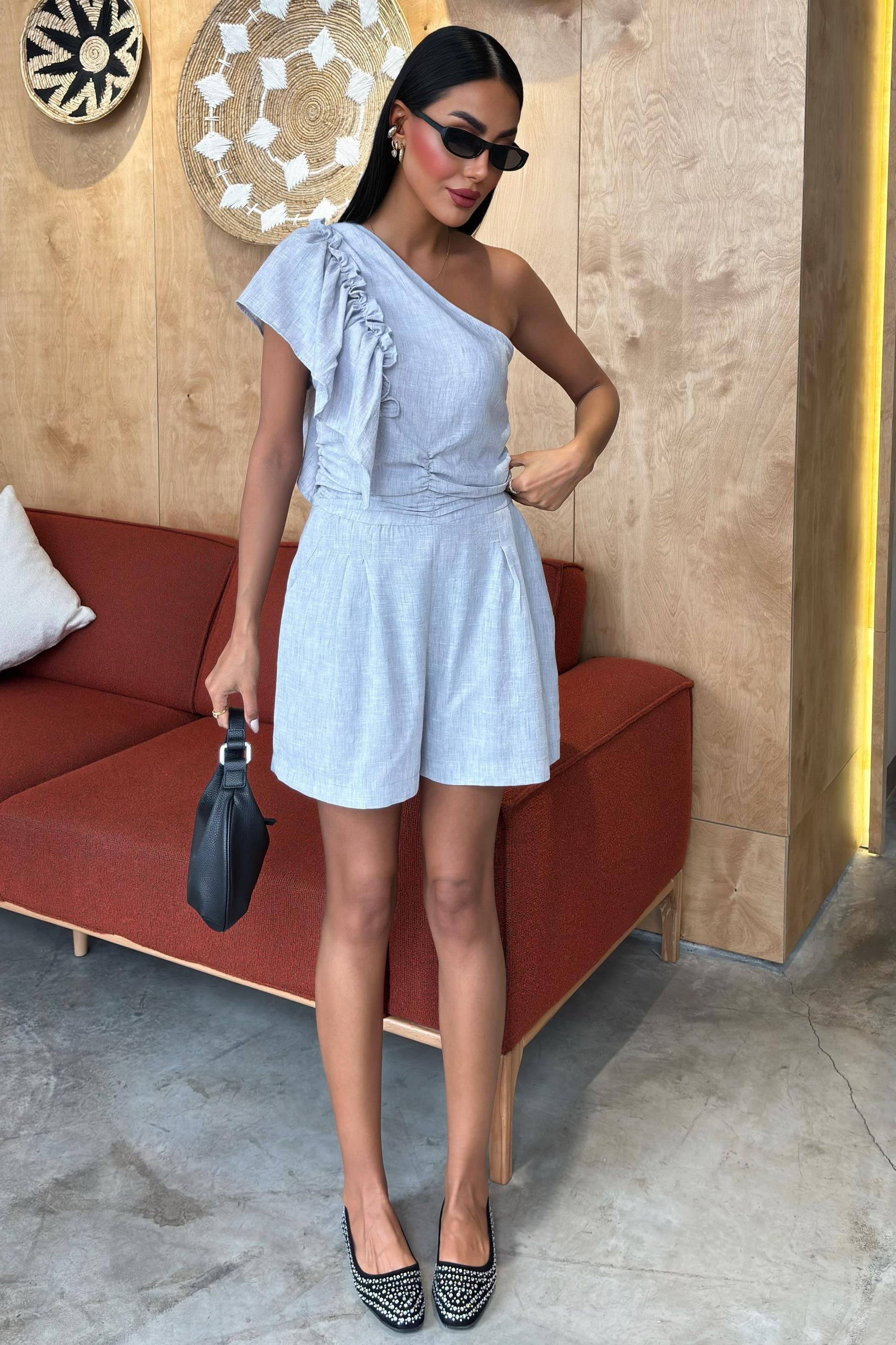 Tek Omuzlu ve Fırfır Detaylı Keten Takım 10158 R5-J-K3