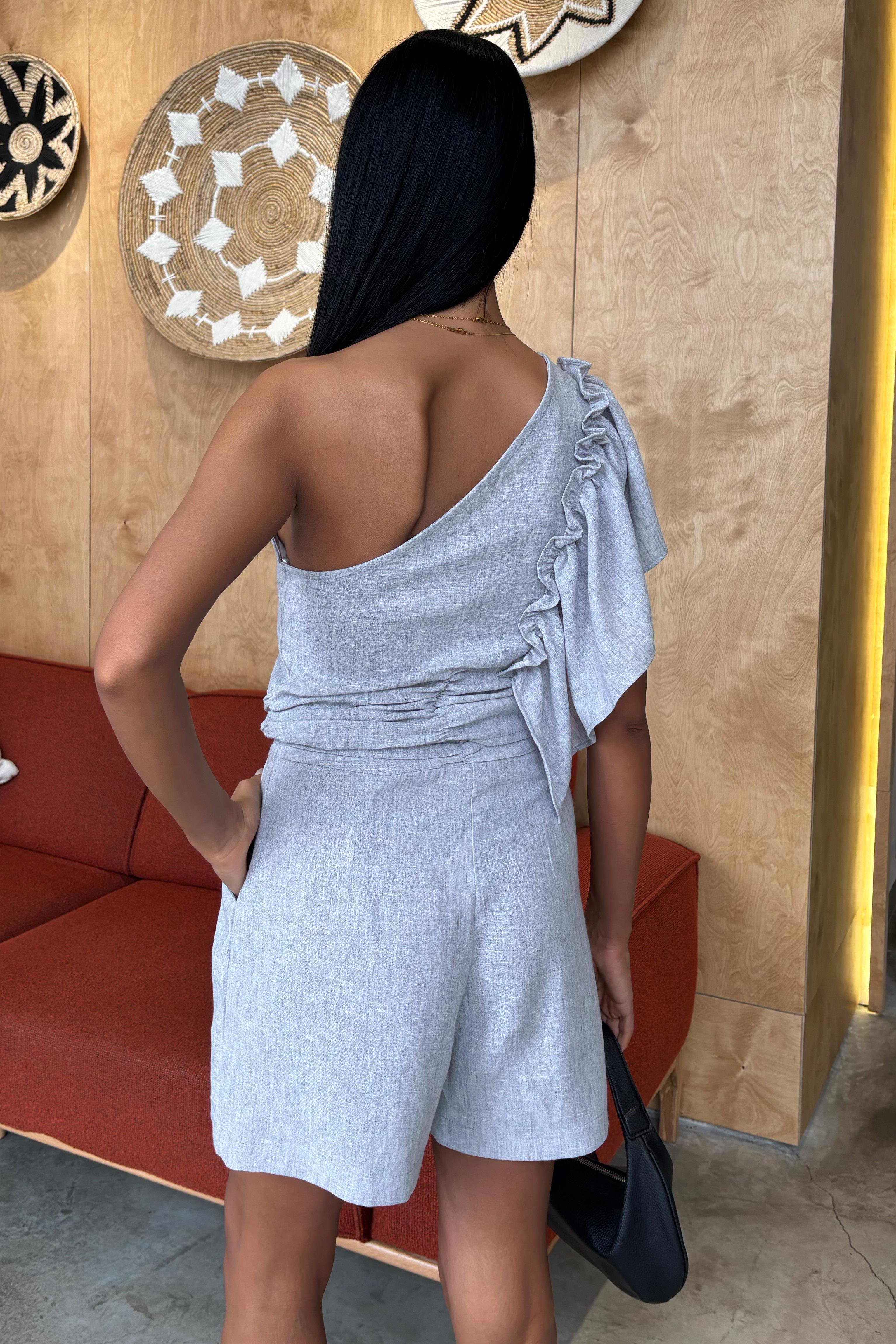 Tek Omuzlu ve Fırfır Detaylı Keten Takım 10158 R5-J-K3