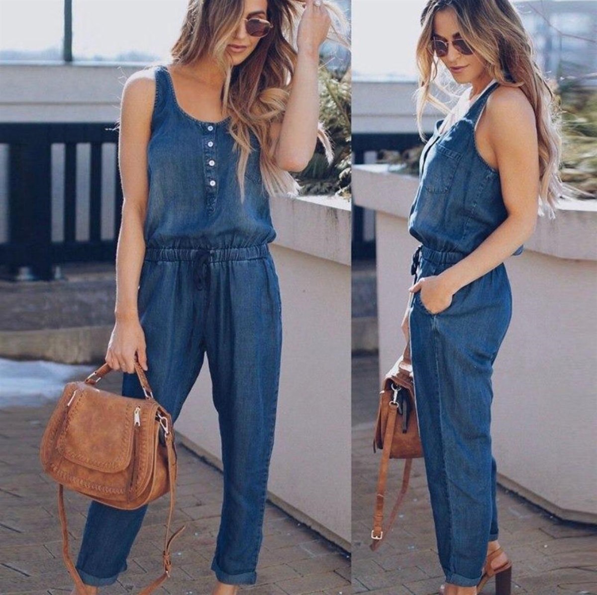 Tensel kumaş askılı tulum - MAVİ