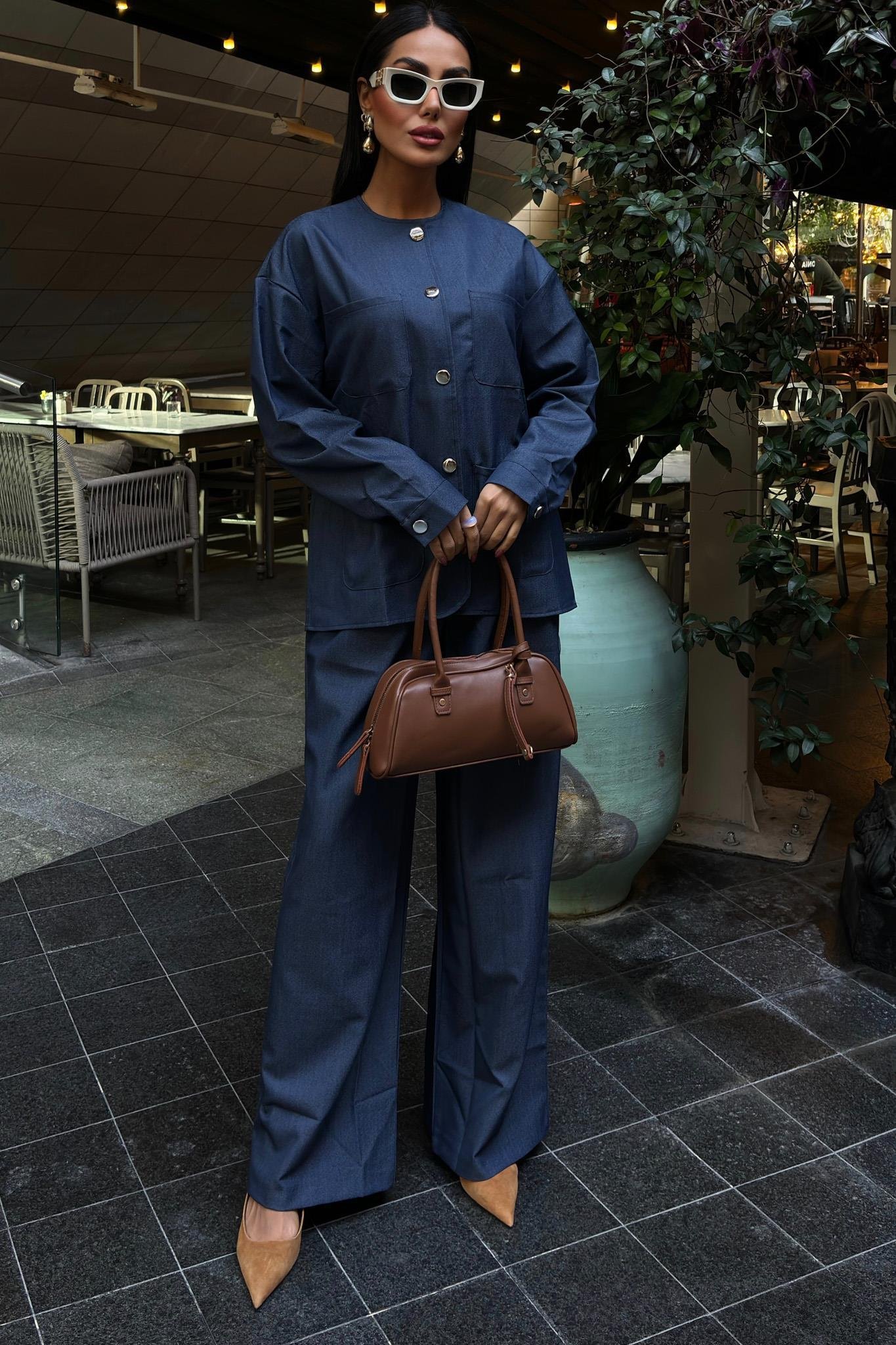 Torba Cep Detay Palazzo Pantolonlu Tensel Takım 10055