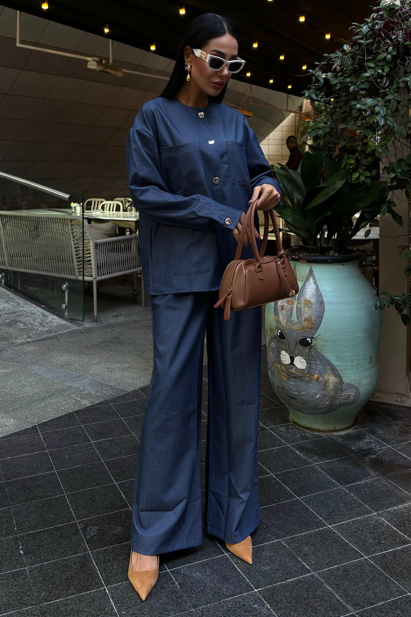 Torba Cep Detay Palazzo Pantolonlu Tensel Takım 10055