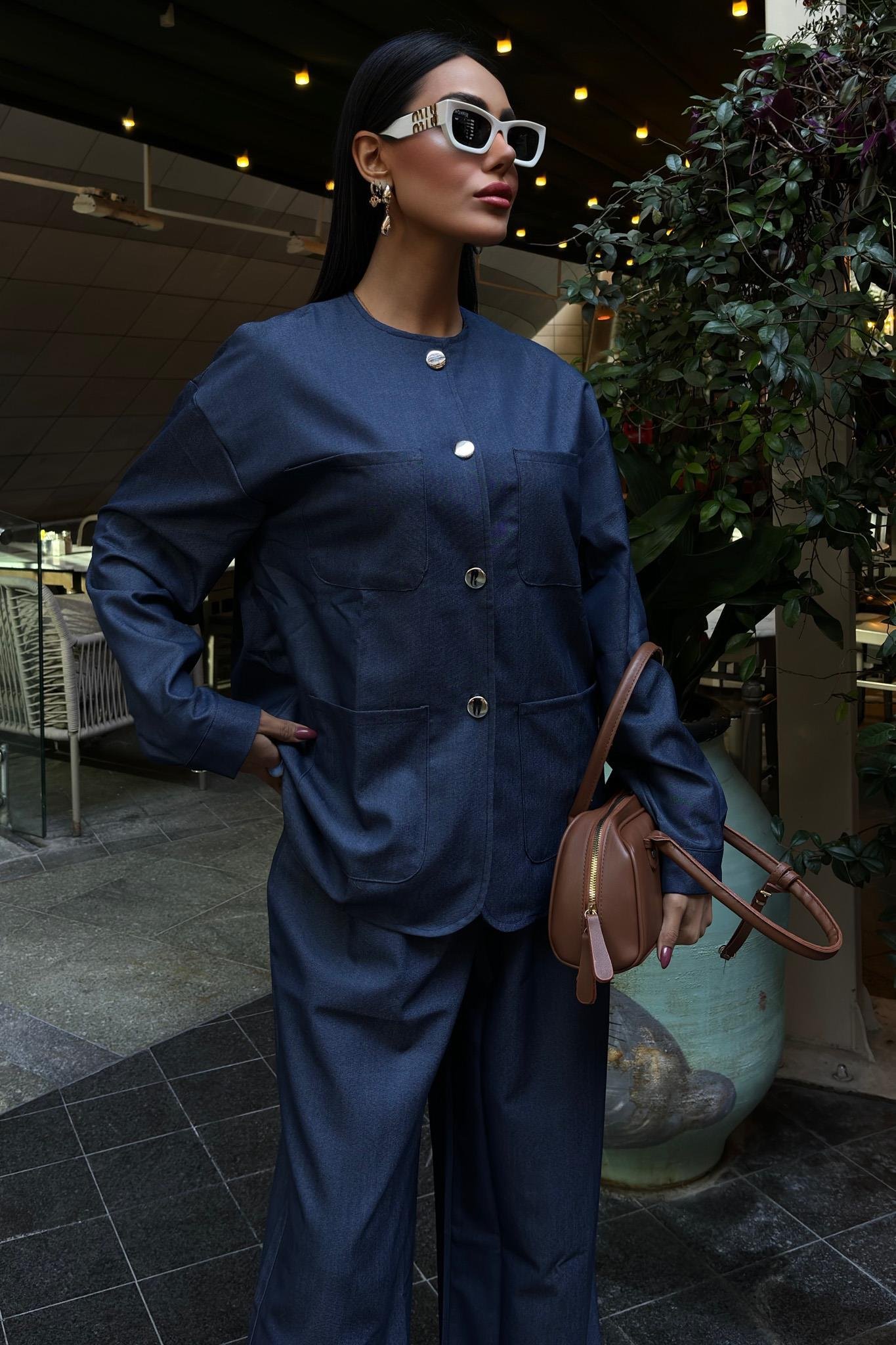 Torba Cep Detay Palazzo Pantolonlu Tensel Takım 10055