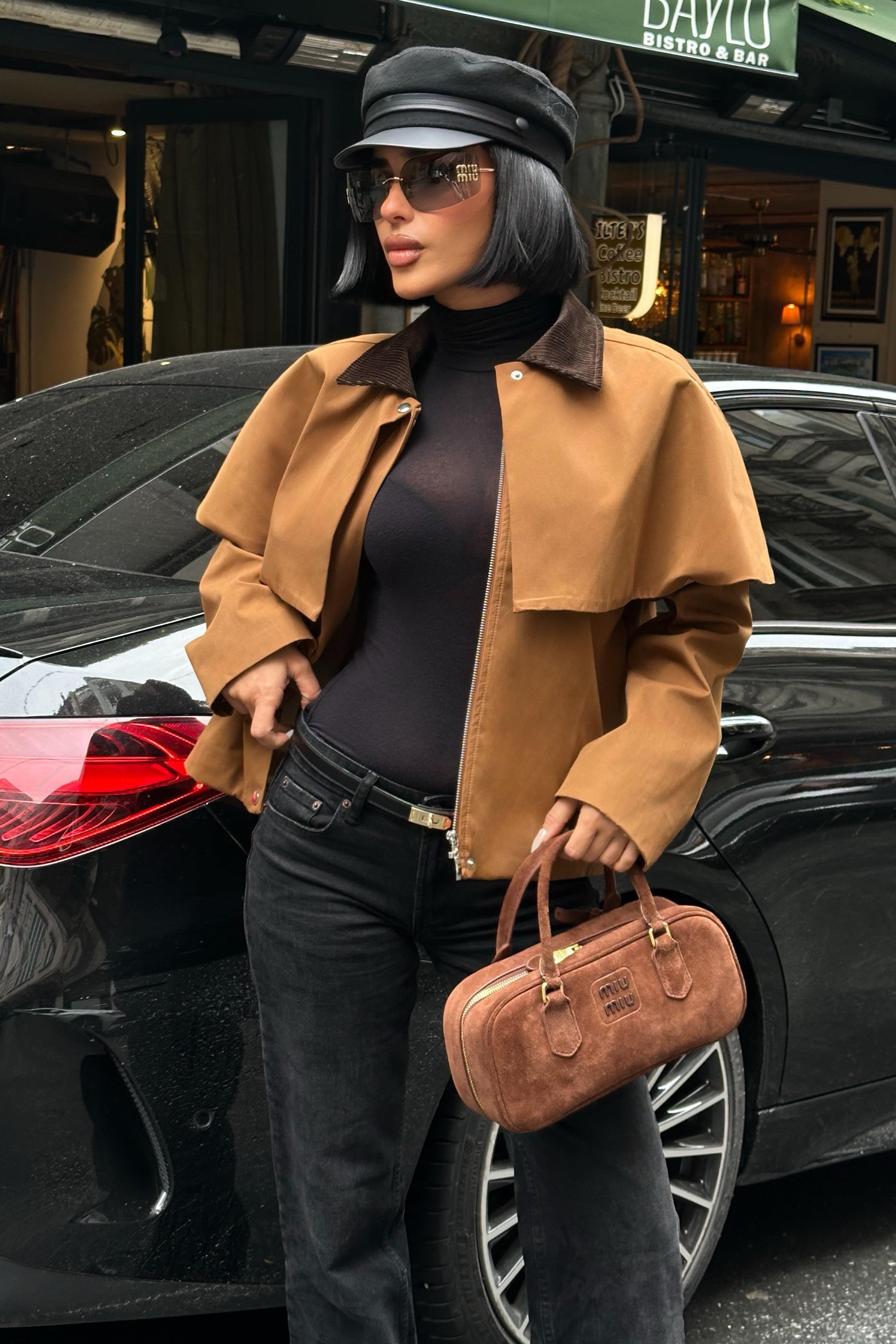 Trençkot Stil Pelerinli Ceket – Kadife Detay Mont 7076-08