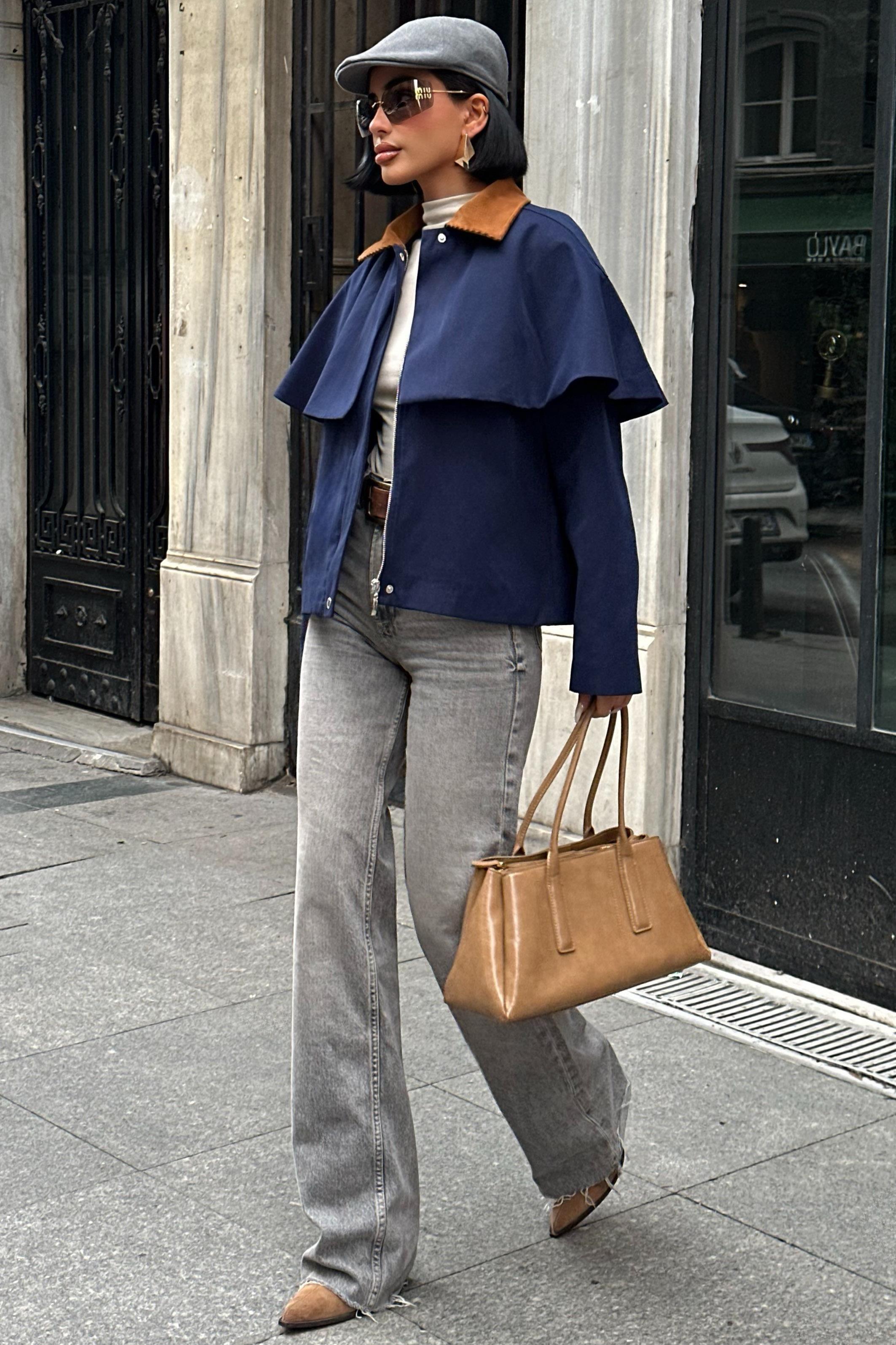 Trençkot Stil Pelerinli Ceket – Kadife Detay Mont 7076-08