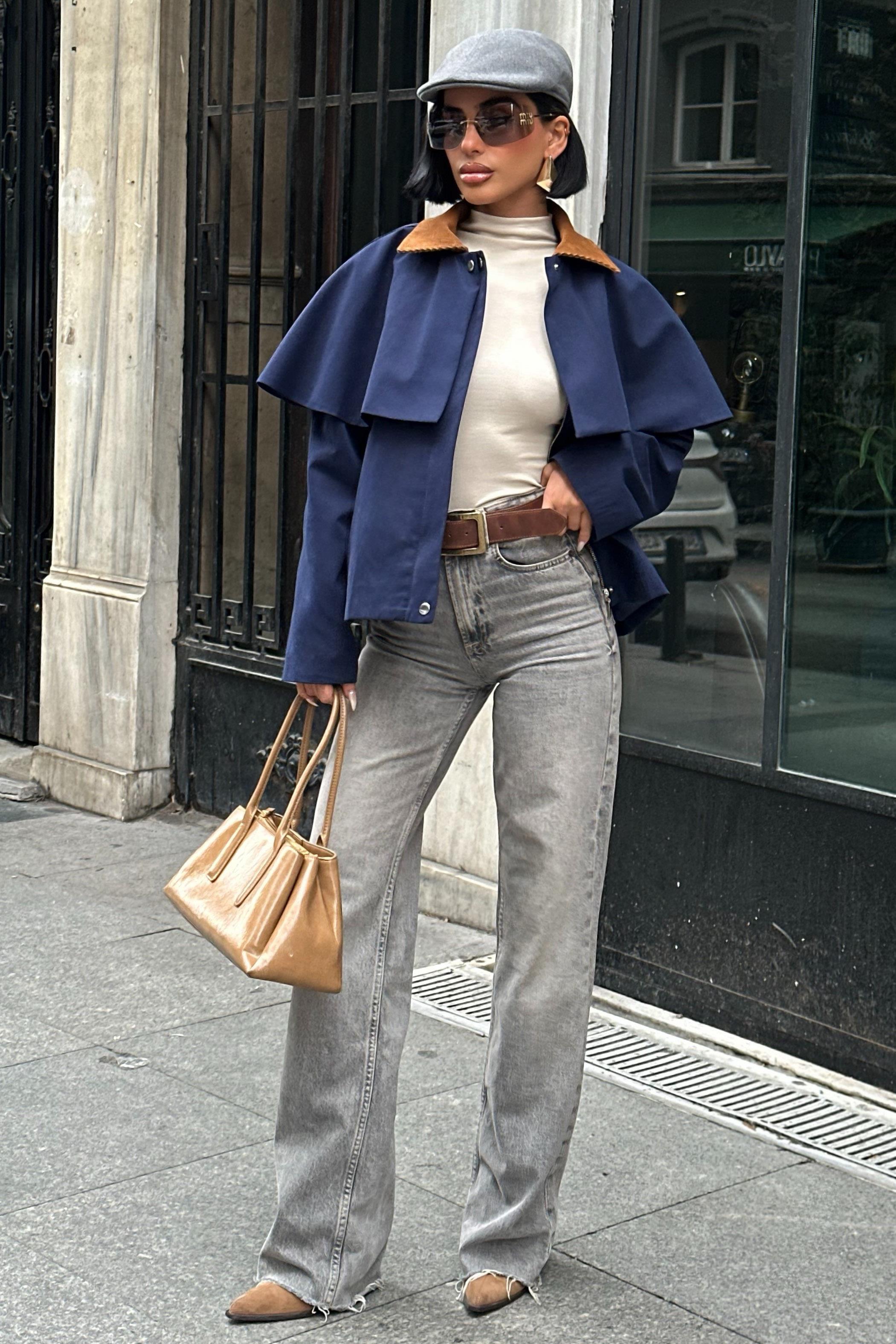 Trençkot Stil Pelerinli Ceket – Kadife Detay Mont 7076-08