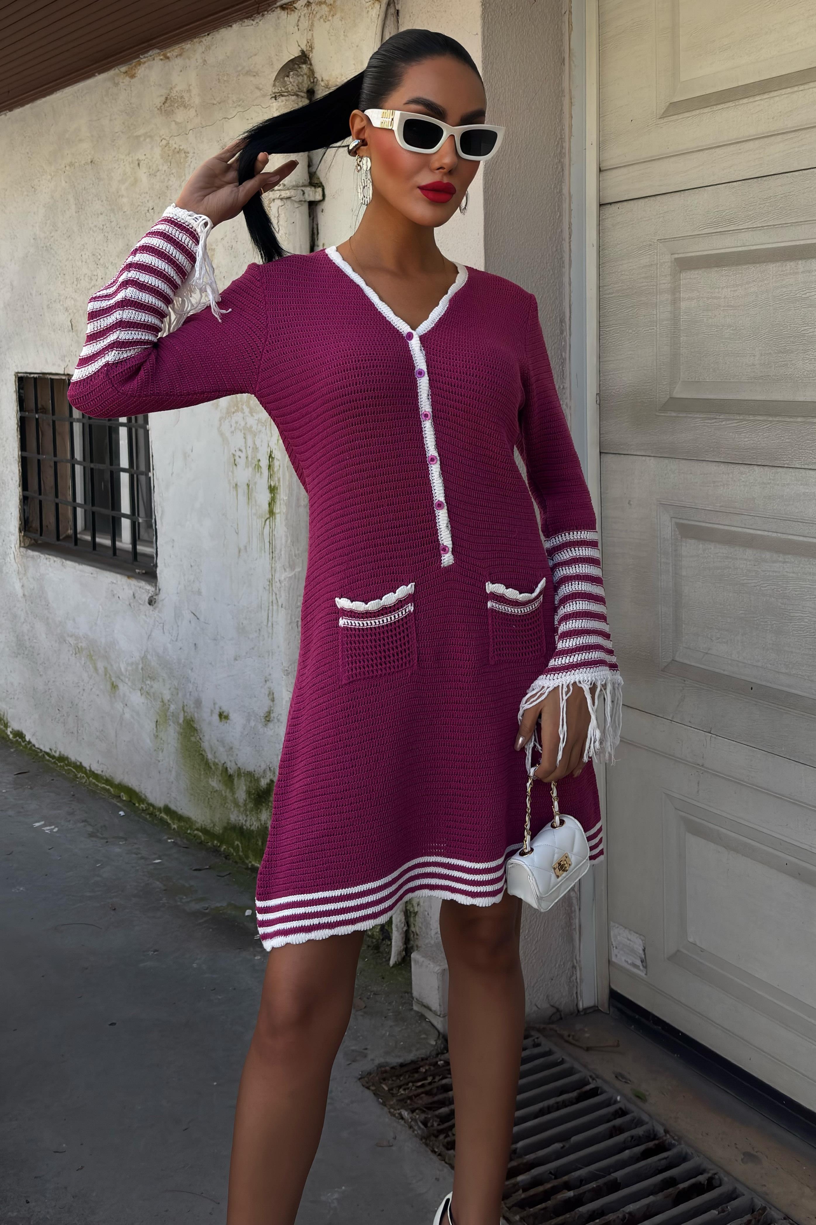 Triko Kolları Püsküllü Düğmeli Elbise 2849 R3-J-K3