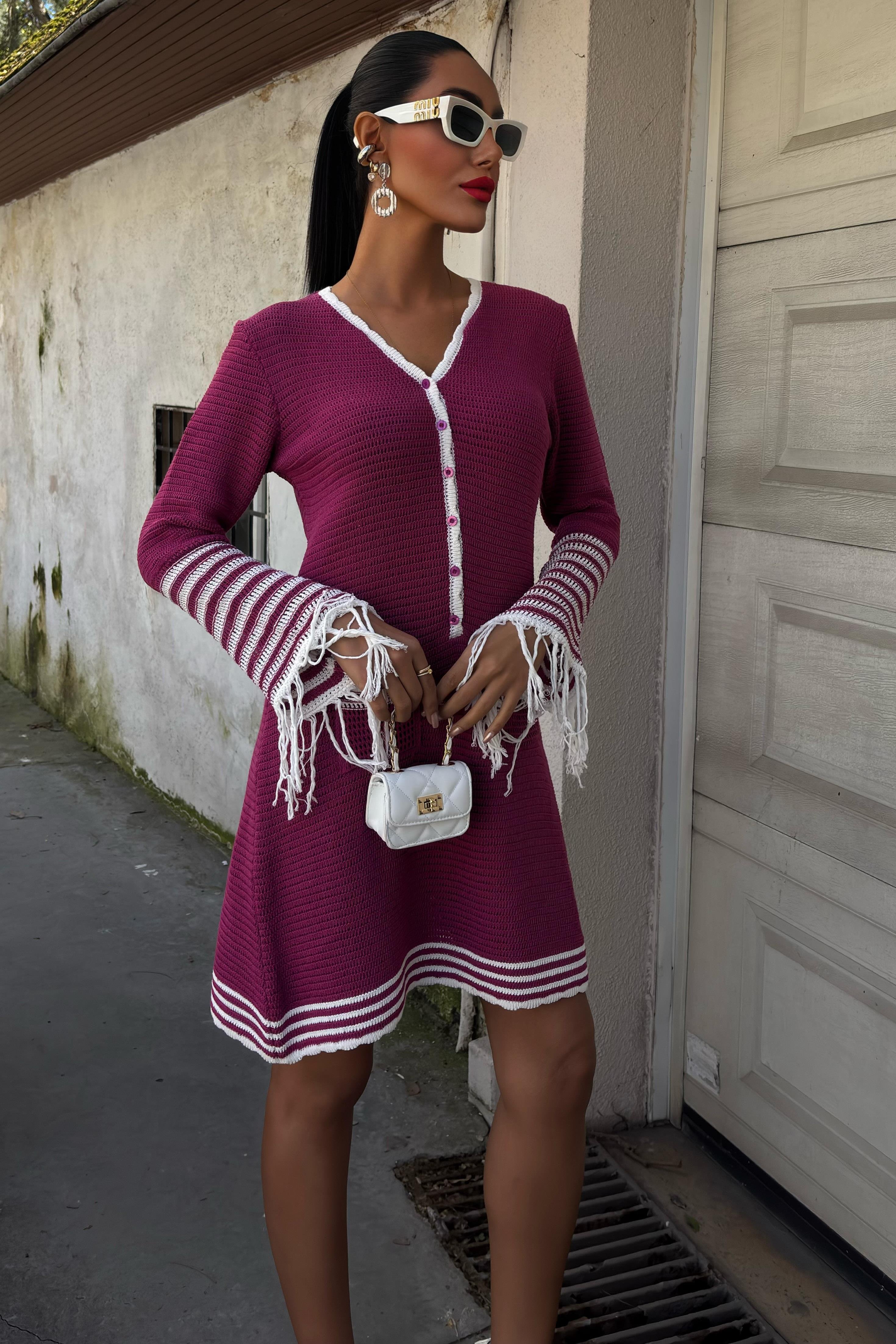 Triko Kolları Püsküllü Düğmeli Elbise 2849 R3-J-K3