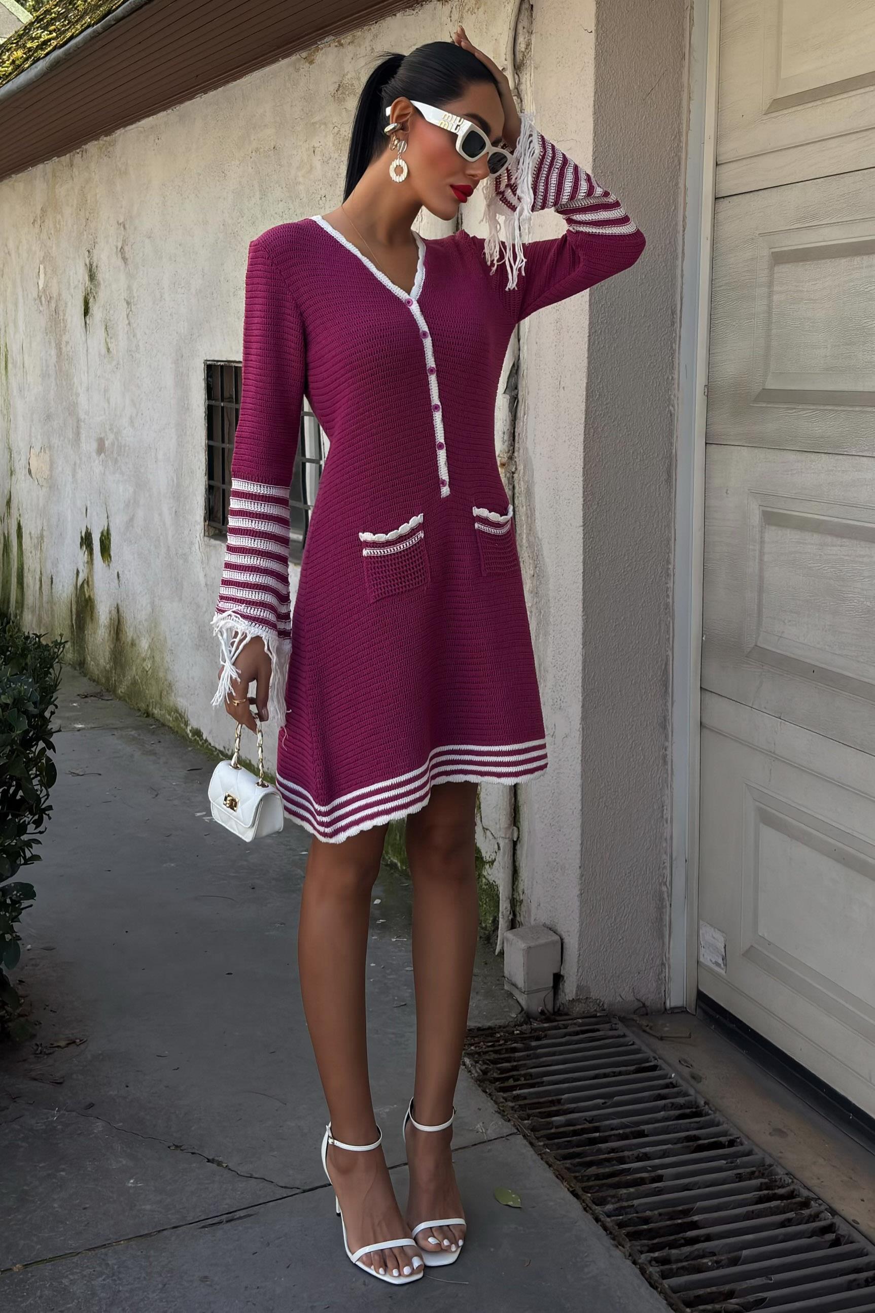 Triko Kolları Püsküllü Düğmeli Elbise 2849 R3-J-K3