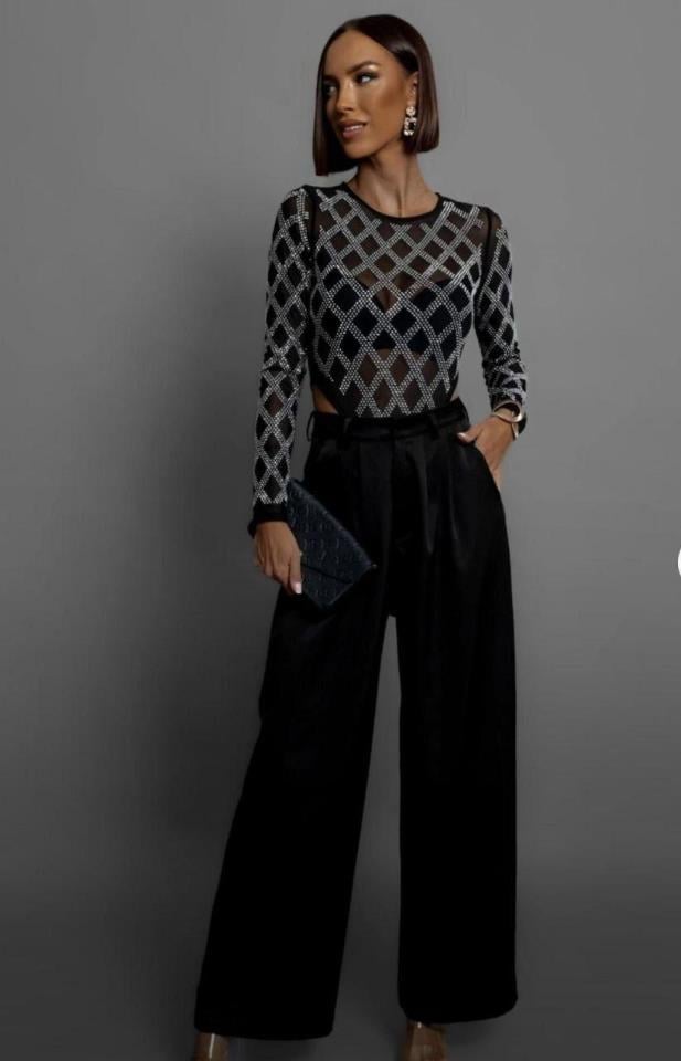 Tül üstü Ful Taşlı Badysuit-pantolon Ikili Takım