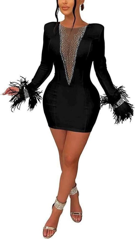 Tül Ve Taş Aksesuarlı Dalgıç Kumaş Tasarım Elbise