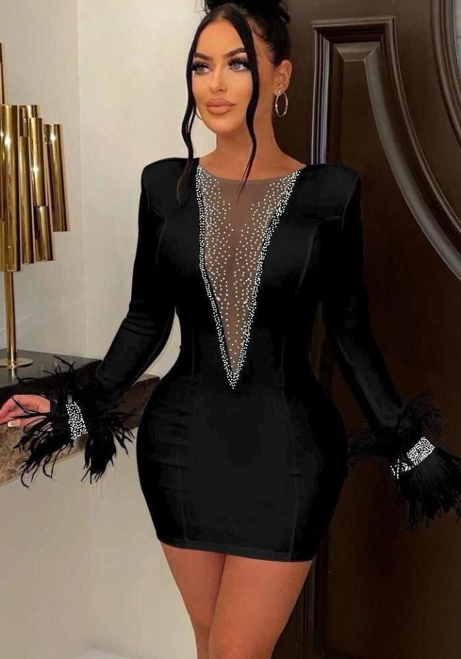 Tül Ve Taş Aksesuarlı Dalgıç Kumaş Tasarım Elbise