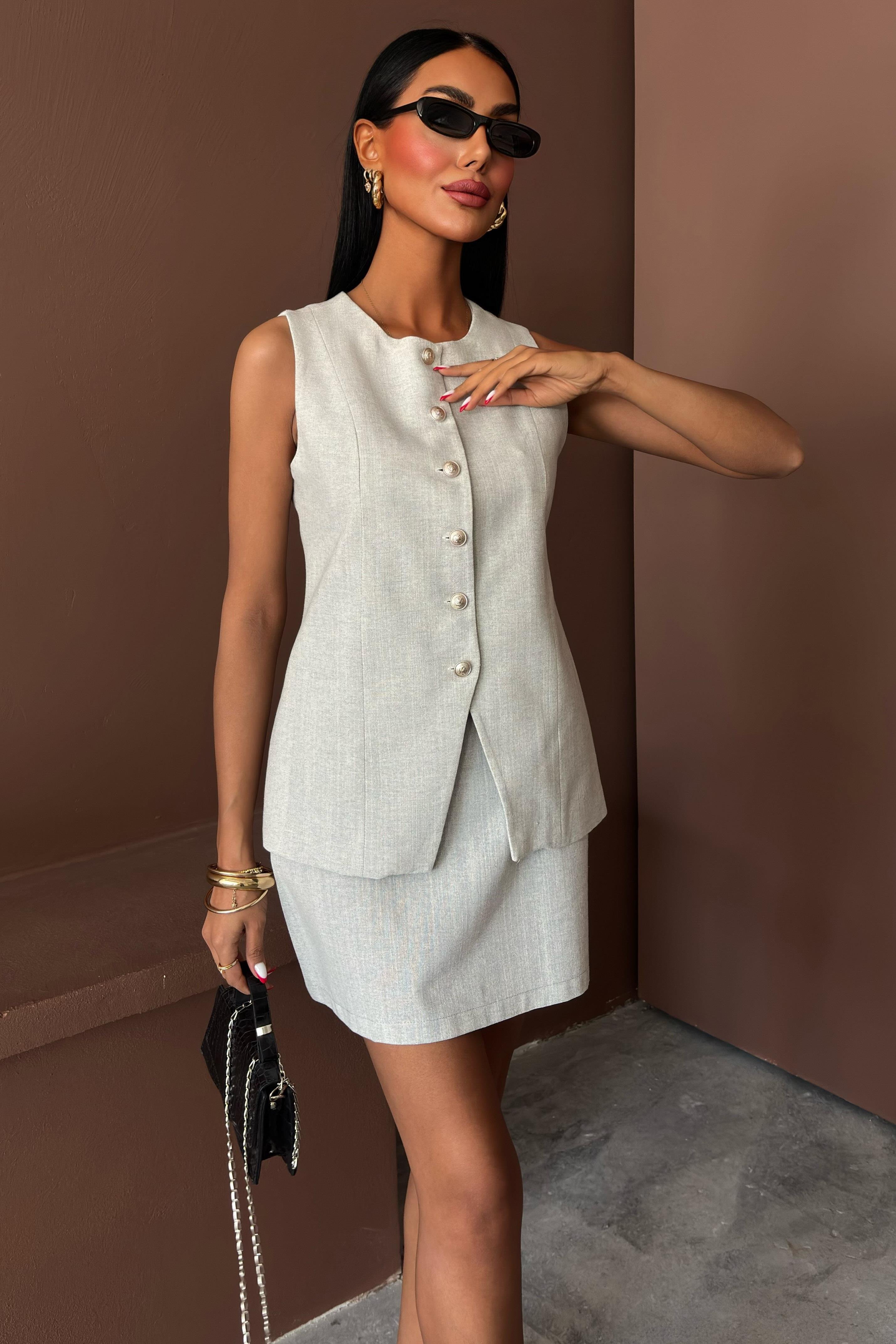 Uzun Yelek Mini Etek Flamlı Keten Takım 10148 R9-H-K5