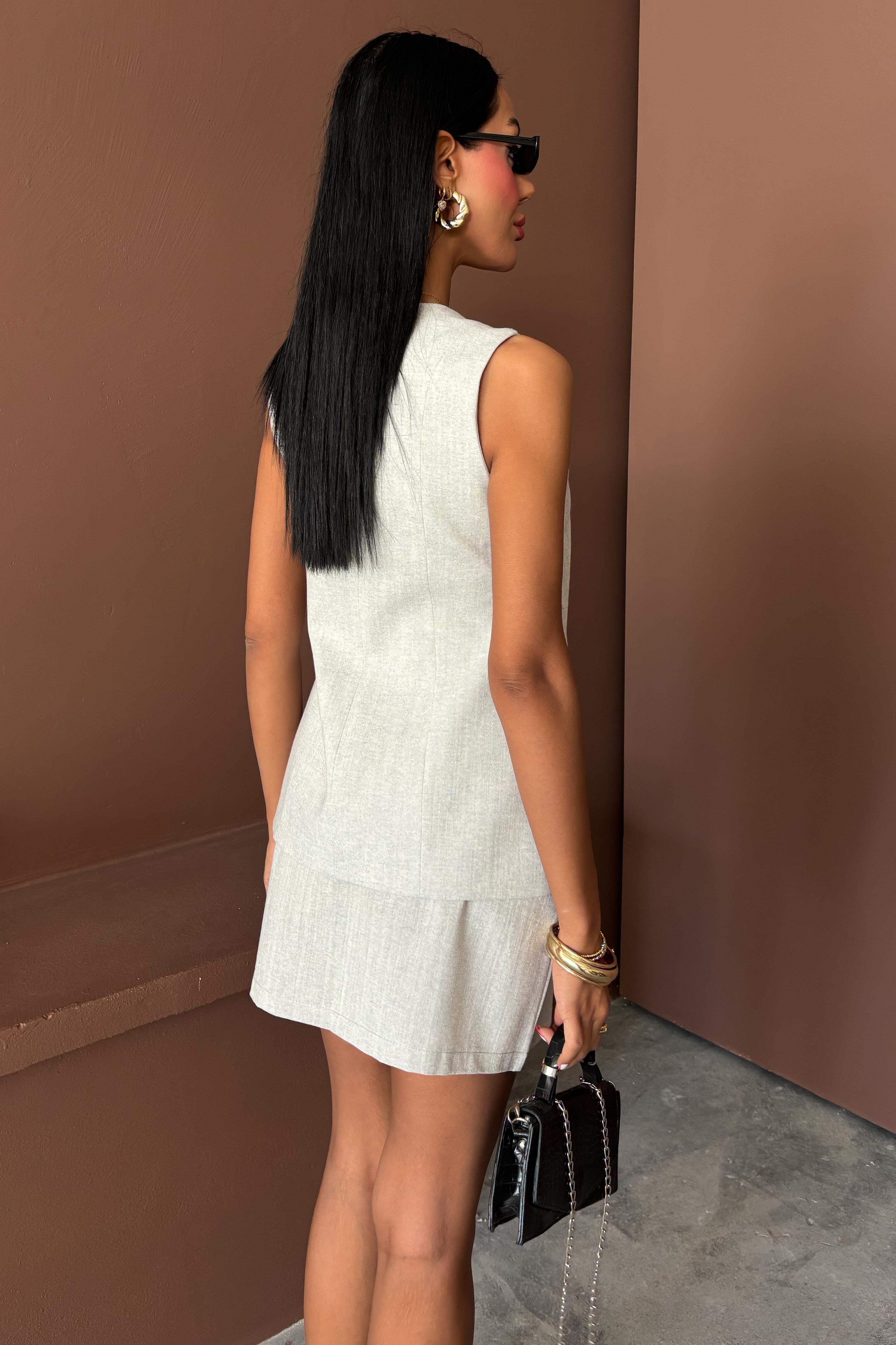 Uzun Yelek Mini Etek Flamlı Keten Takım 10148 R9-H-K5