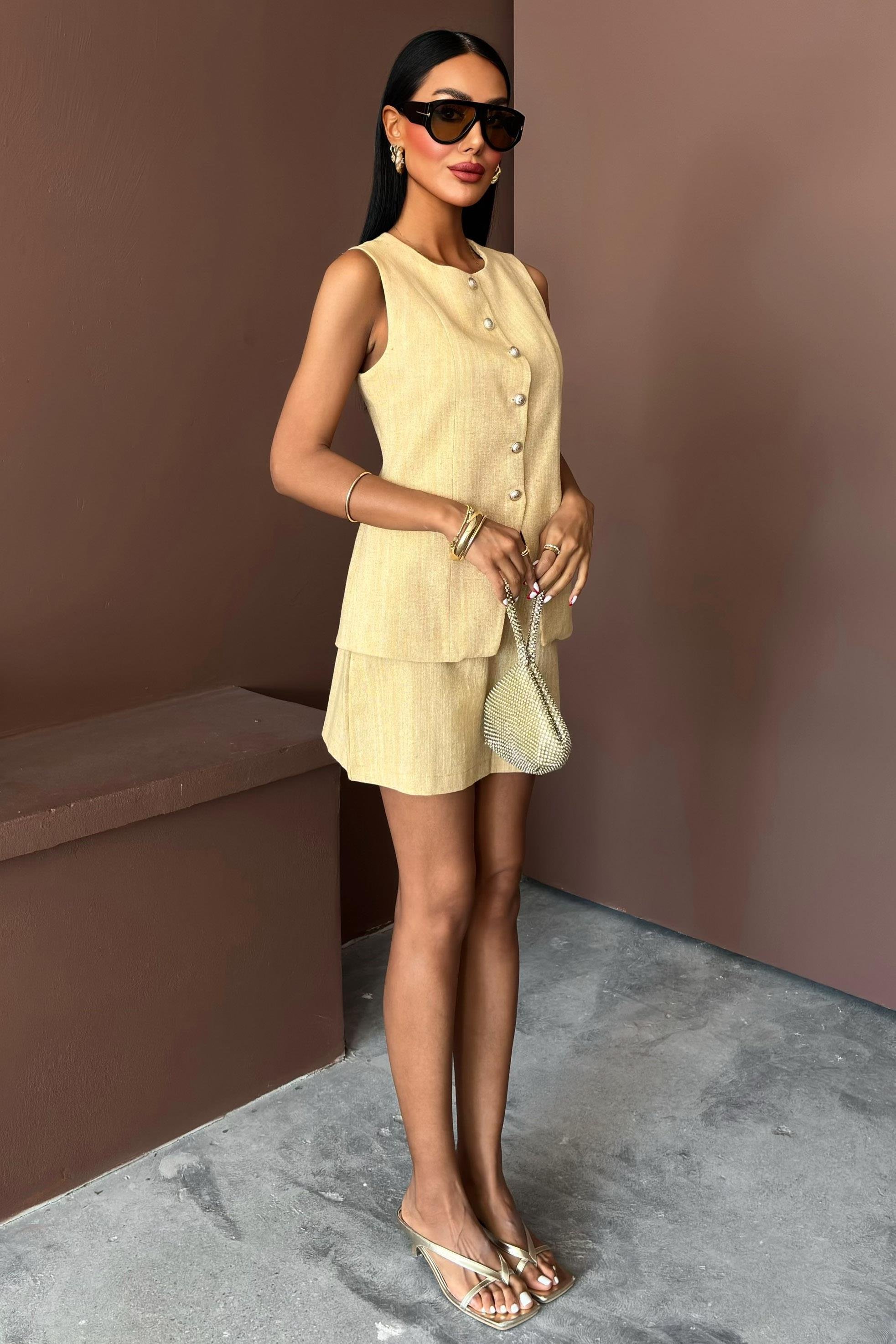 Uzun Yelek Mini Etek Flamlı Keten Takım 10148 R9-H-K5