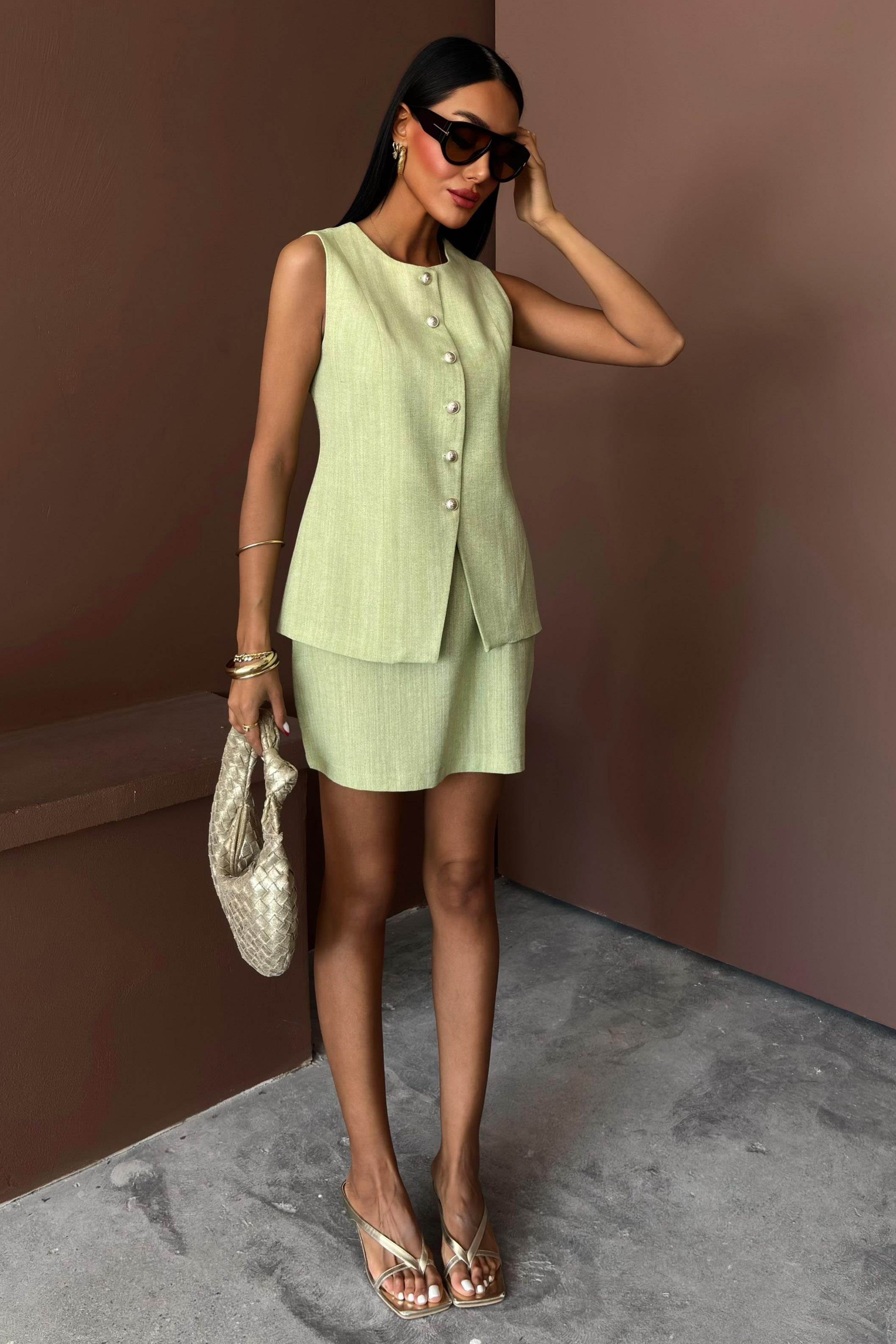 Uzun Yelek Mini Etek Flamlı Keten Takım 10148 R9-H-K5