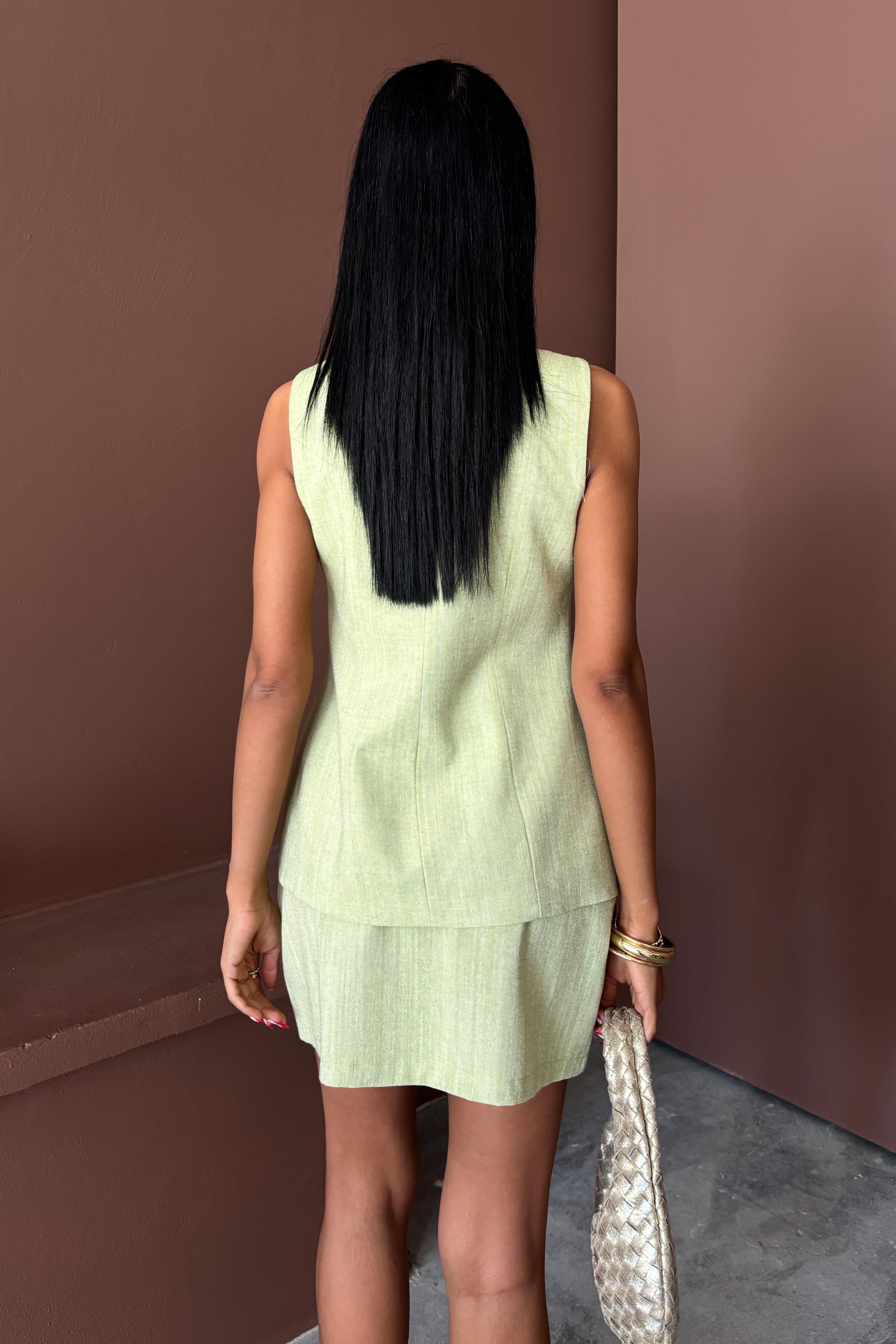 Uzun Yelek Mini Etek Flamlı Keten Takım 10148 R9-H-K5