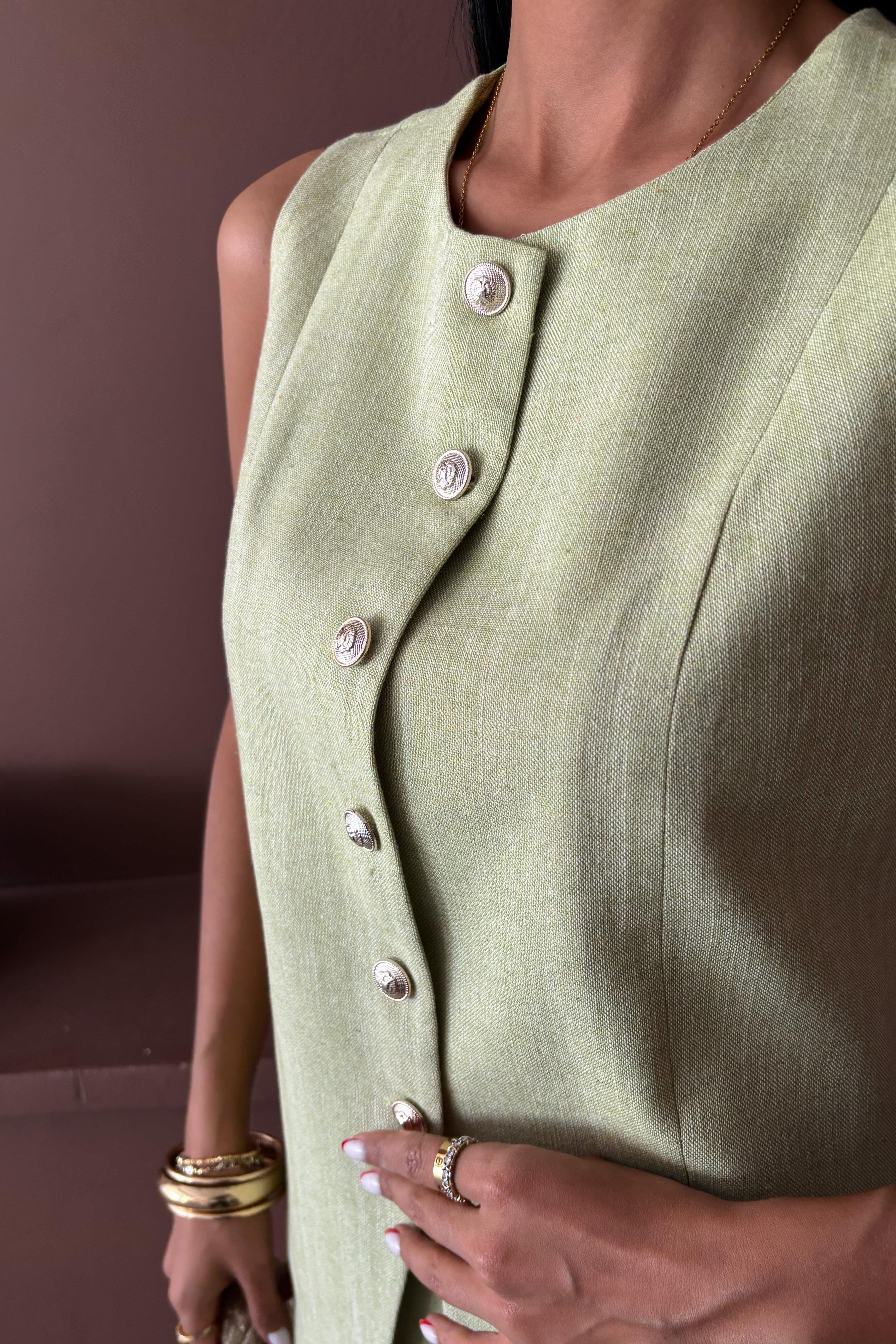 Uzun Yelek Mini Etek Flamlı Keten Takım 10148 R9-H-K5