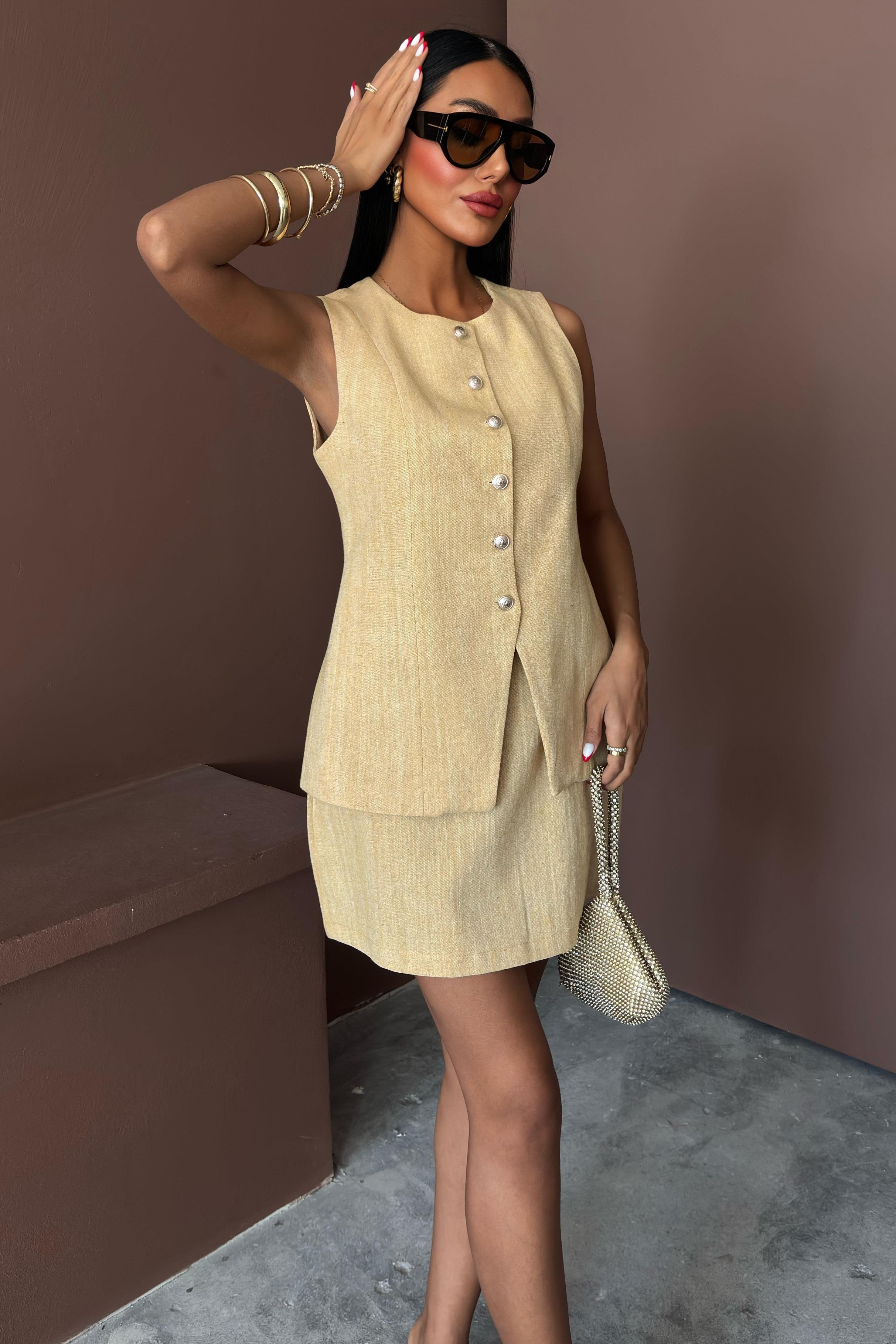 Uzun Yelek Mini Etek Flamlı Keten Takım 10148 R9-H-K5