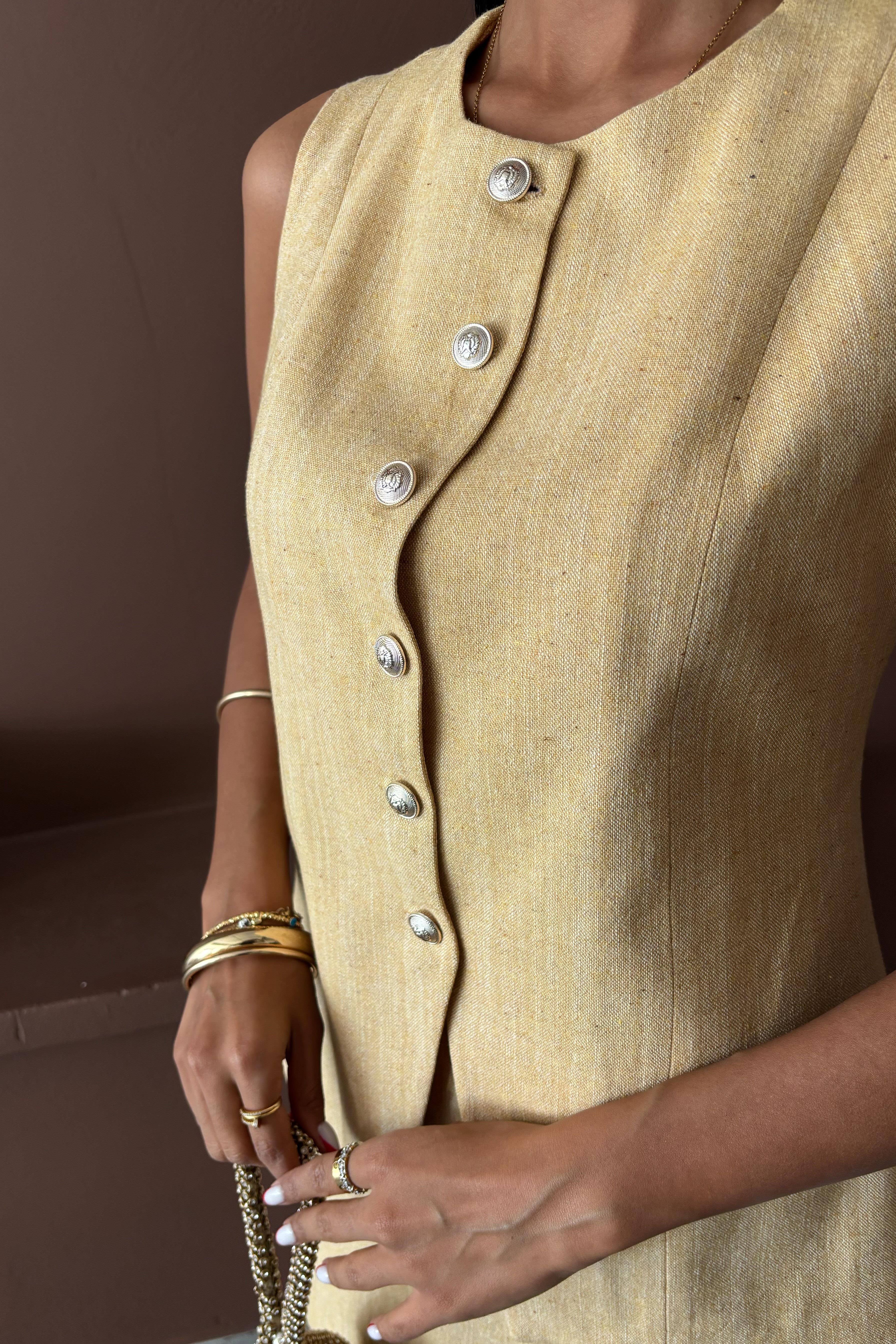 Uzun Yelek Mini Etek Flamlı Keten Takım 10148 R9-H-K5