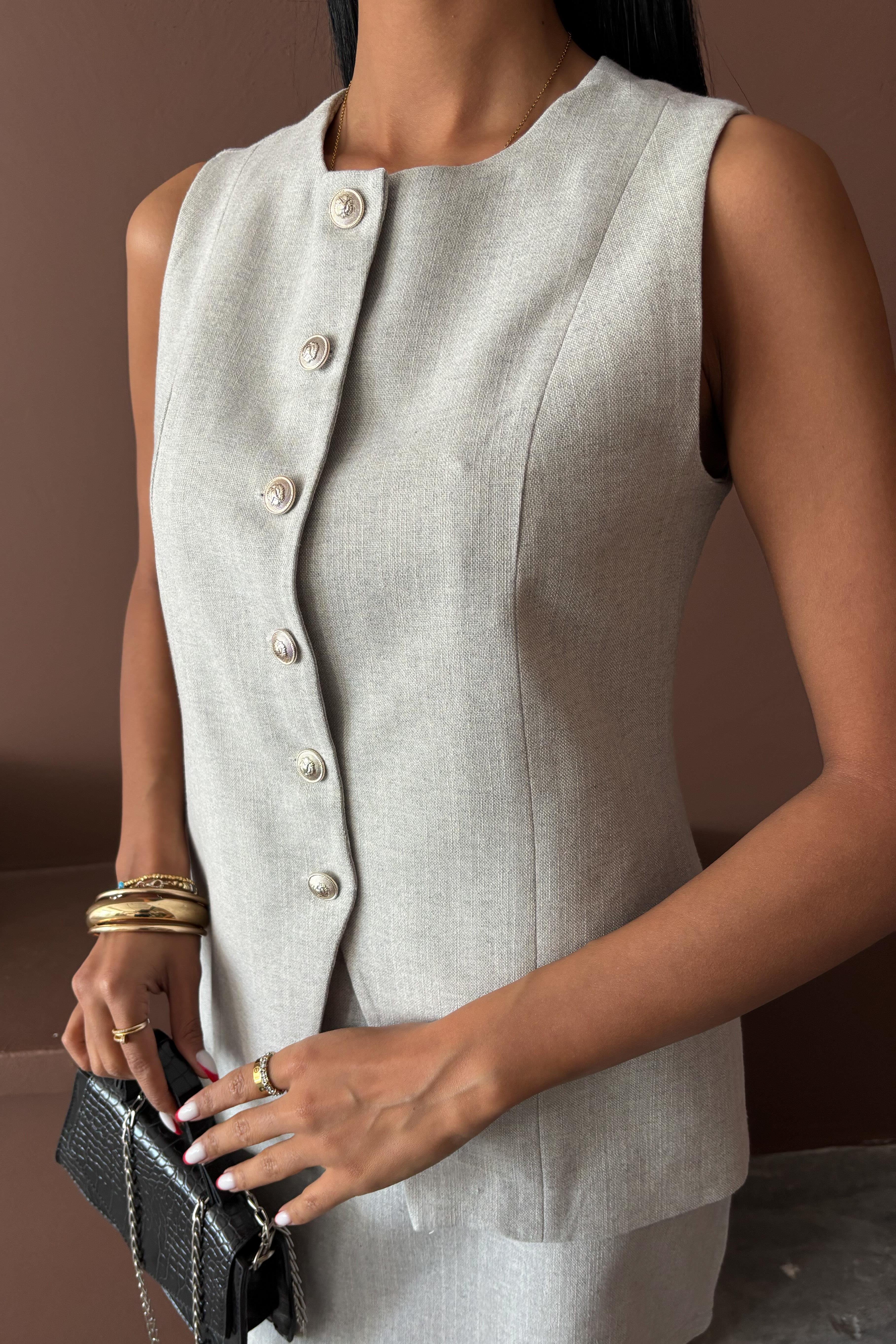 Uzun Yelek Mini Etek Flamlı Keten Takım 10148 R9-H-K5