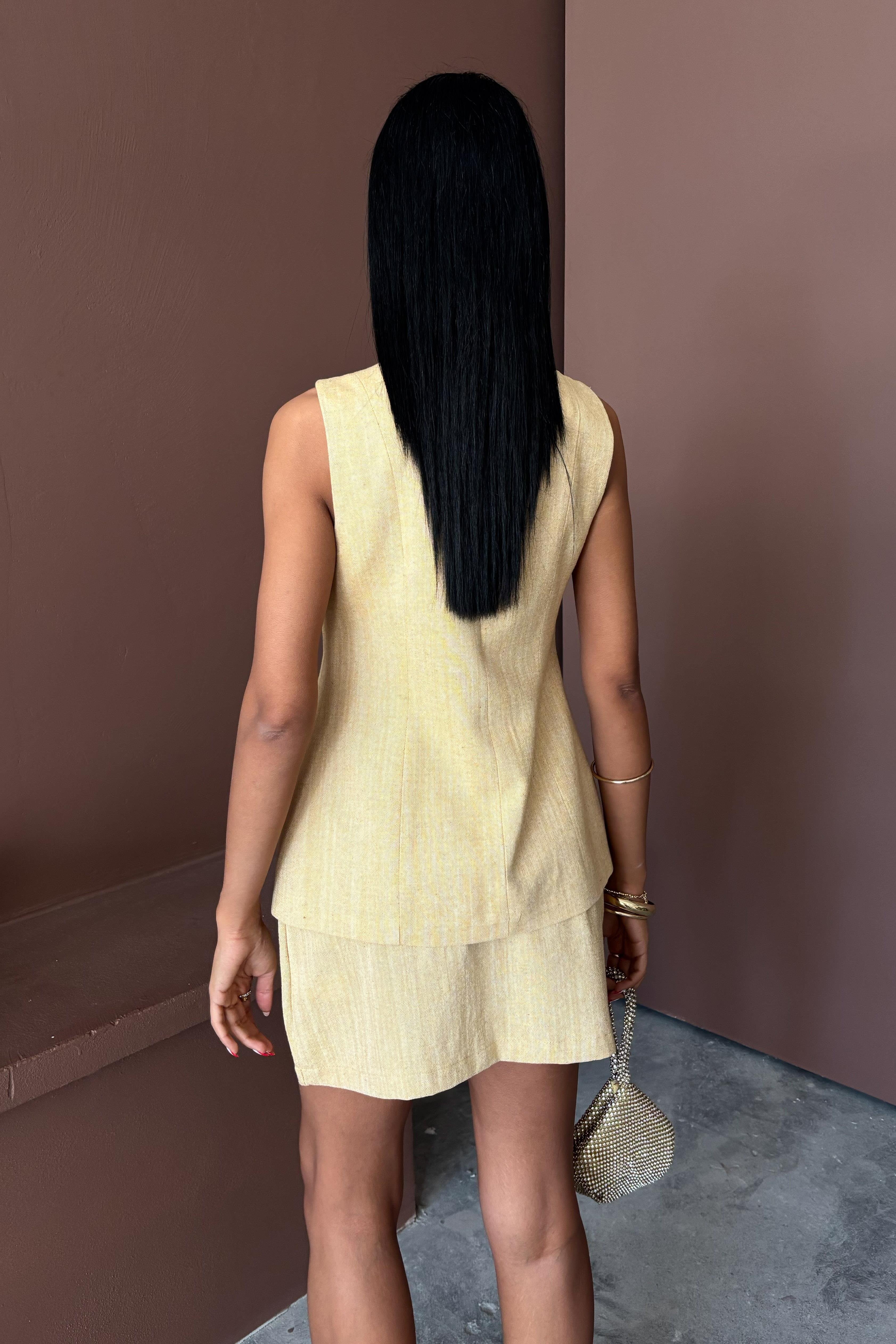 Uzun Yelek Mini Etek Flamlı Keten Takım 10148 R9-H-K5