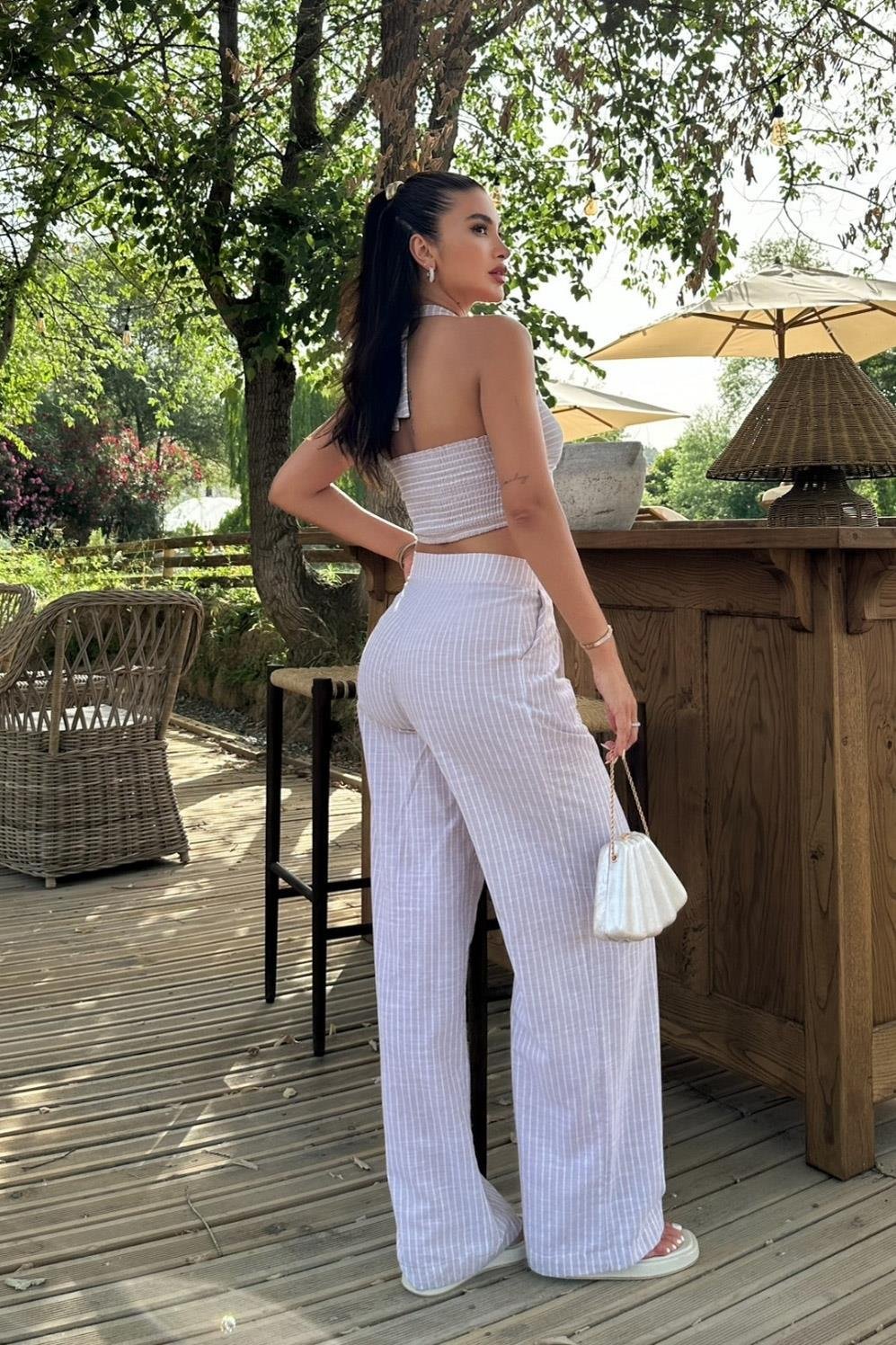 Vesna Keten Çizgili Crop Takım 9806-0025