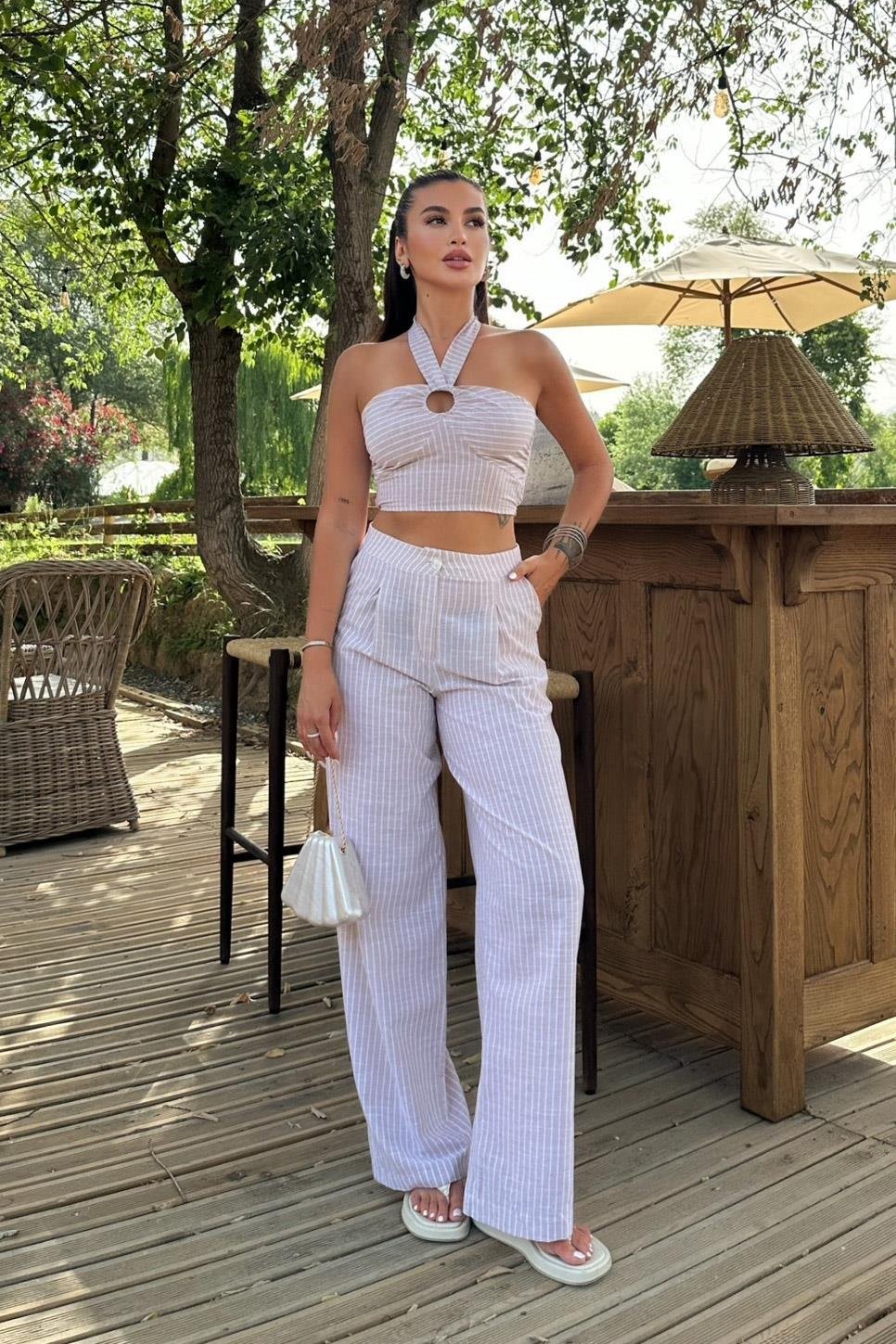 Vesna Keten Çizgili Crop Takım 9806-0025