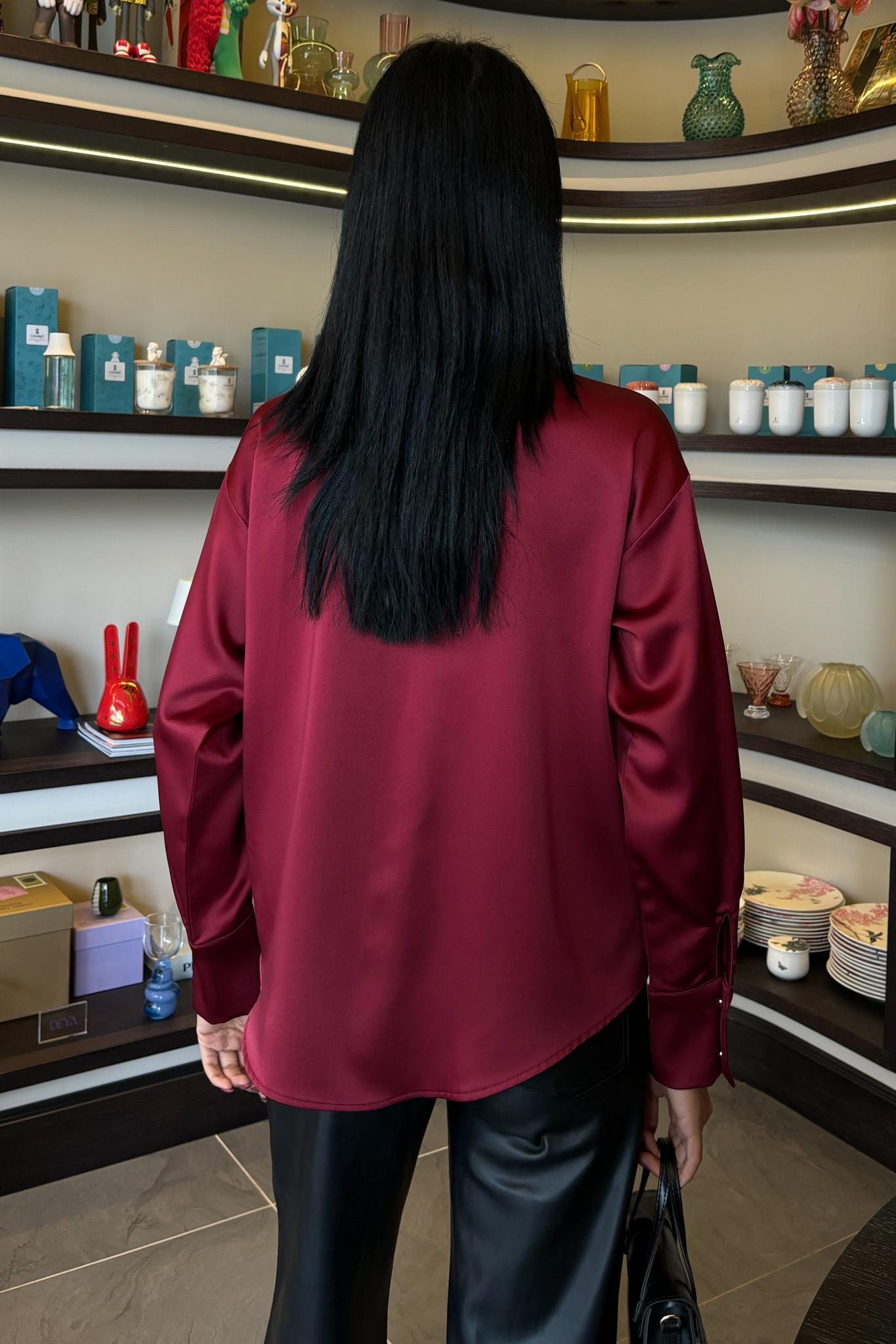 Yaka Ve Cep İnci Taşlı Saten Gömlek 3423 R6-E-K5