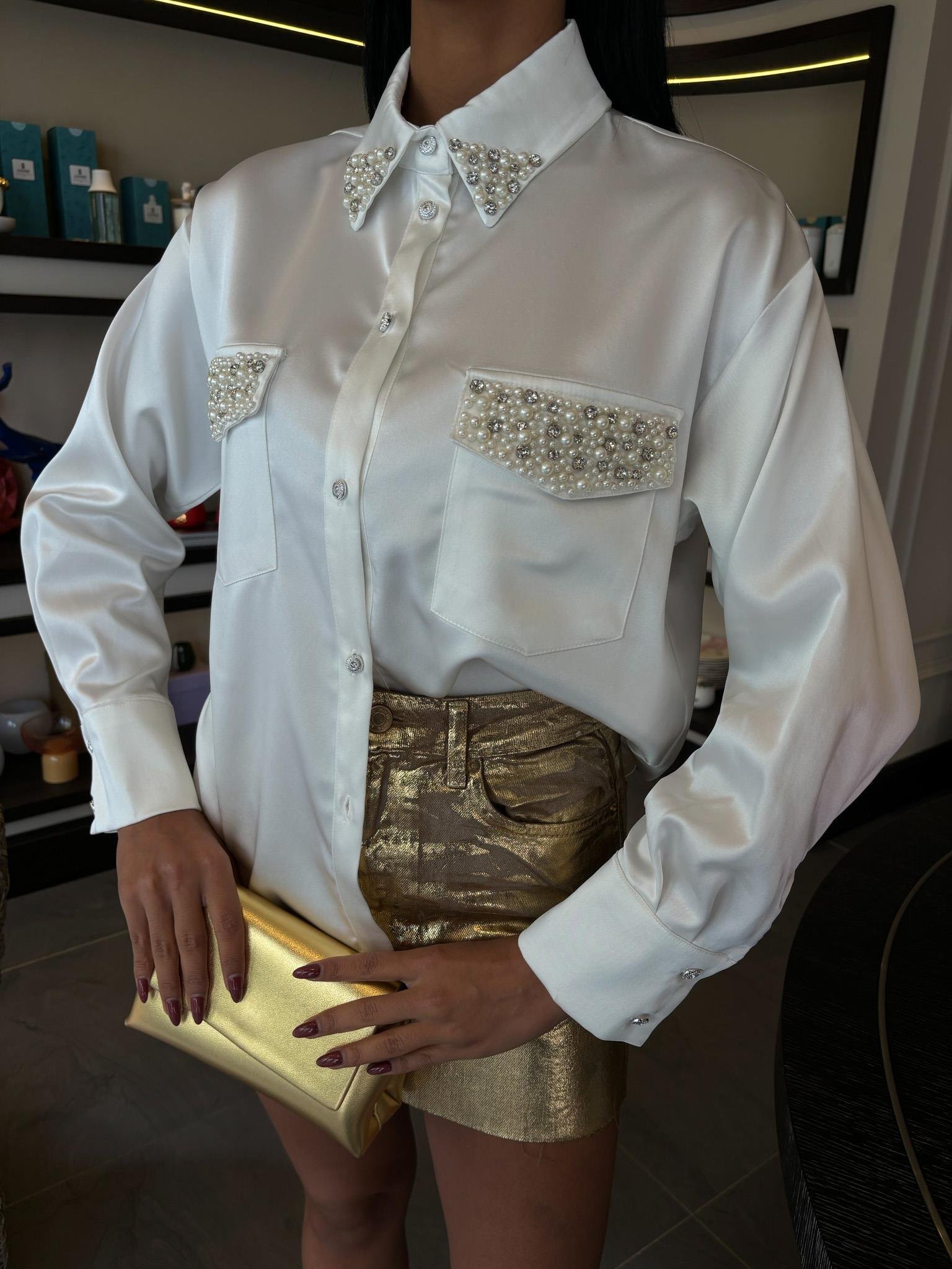 Yaka Ve Cep İnci Taşlı Saten Gömlek 3423 R6-E-K5